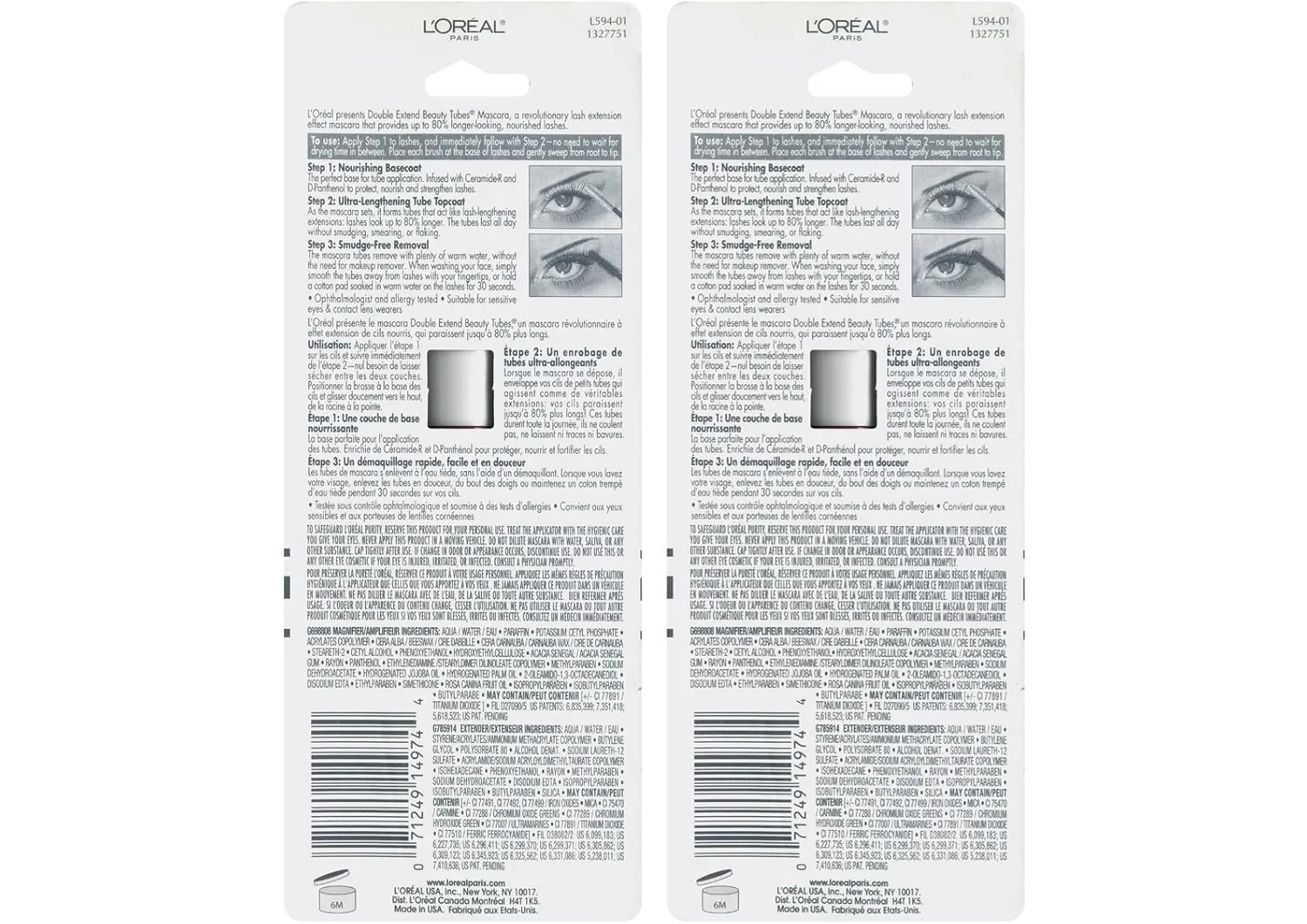 L'Oreal Paris Makeup Double Extend Tubing Mascara, Lengthening 2 Step Mascara, Smudgeproof, Blackest Black, Pack of 2