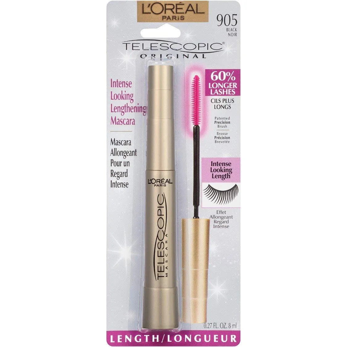 L'Oreal Paris Makeup Telescopic Original Lengthening, Lash Separating Mascara with Dual Precision Brush, Washable, Blackest Black, 0.27 Fl Oz., 2 Count