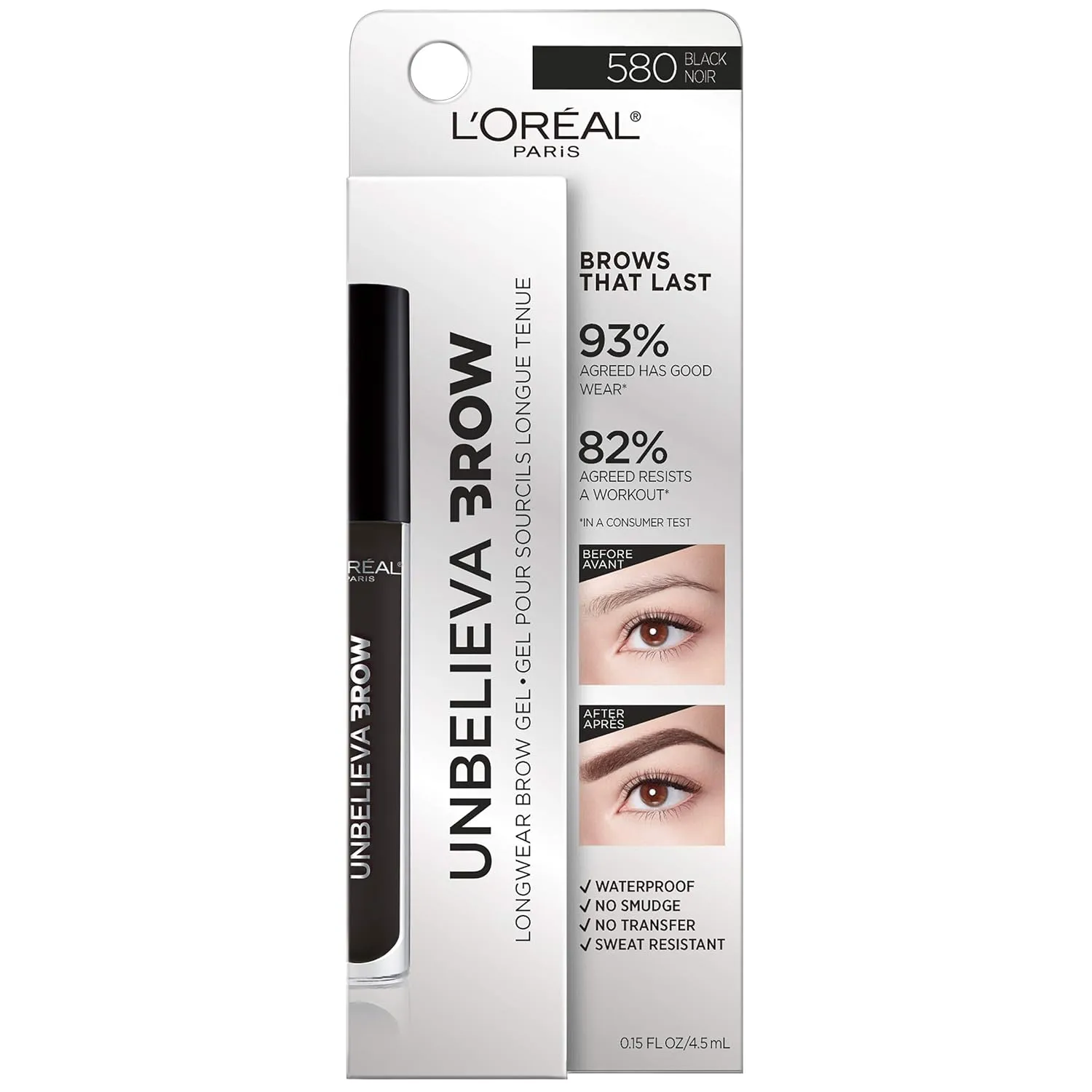 L'Oreal Paris Unbelieva-Brow Longwear Waterproof Tinted Brow Gel, Smudge-resistant, Transfer- Proof, Quick Drying, Easy and quick application with precise brush, Black, 0.15 fl. oz.