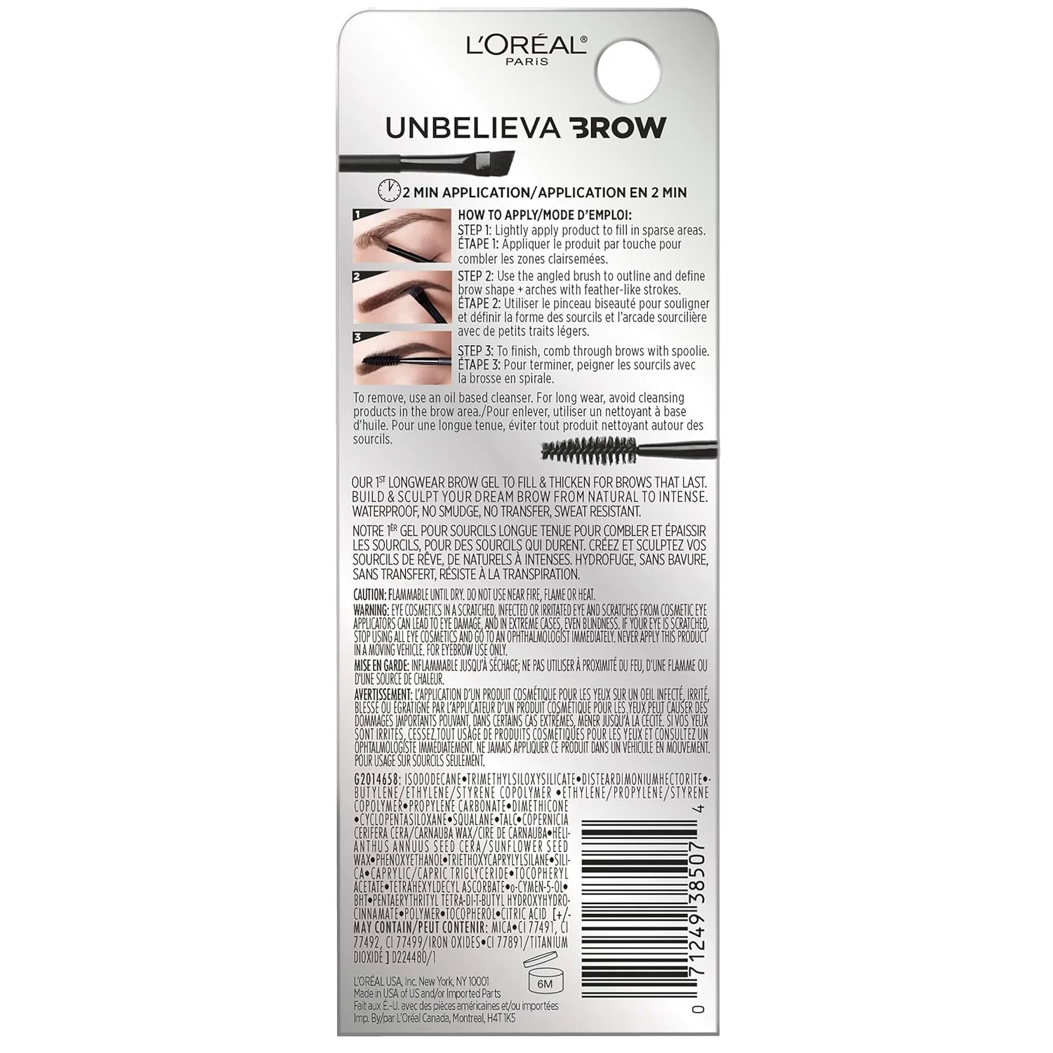 L'Oreal Paris Unbelieva-Brow Longwear Waterproof Tinted Brow Gel, Smudge-resistant, Transfer- Proof, Quick Drying, Easy and quick application with precise brush, Black, 0.15 fl. oz.