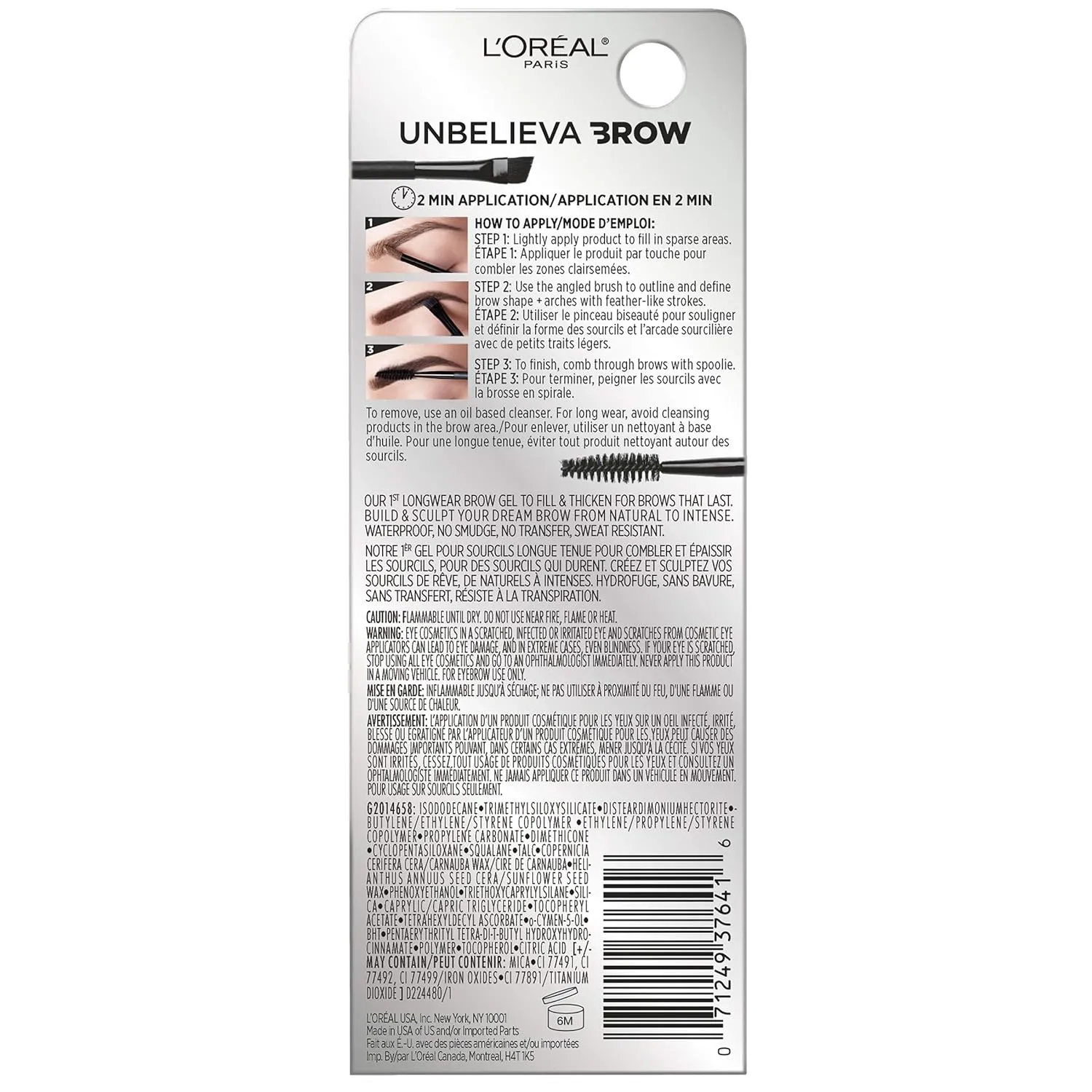 L'Oreal Paris Unbelieva-Brow Longwear Waterproof Tinted Brow Gel, Smudge-resistant, Transfer- Proof, Quick Drying, Easy and quick application with precise brush, Dark Brunette, 0.15 fl. oz.