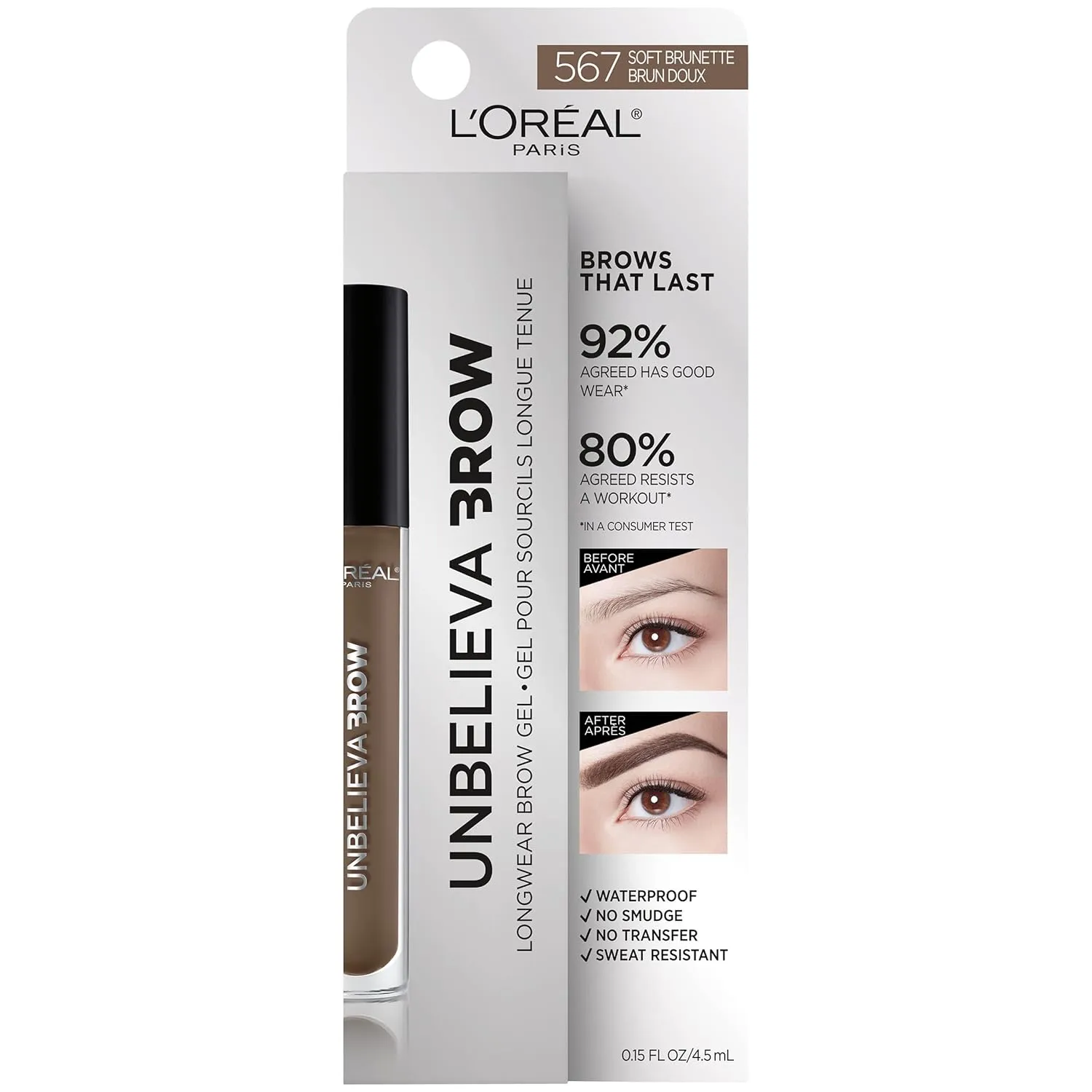 L'Oreal Paris Unbelieva-Brow Longwear Waterproof Tinted Brow Gel, Smudge-resistant, Transfer- Proof, Quick Drying, Easy and quick application with precise brush, Soft Brunette, 0.15 fl. oz.