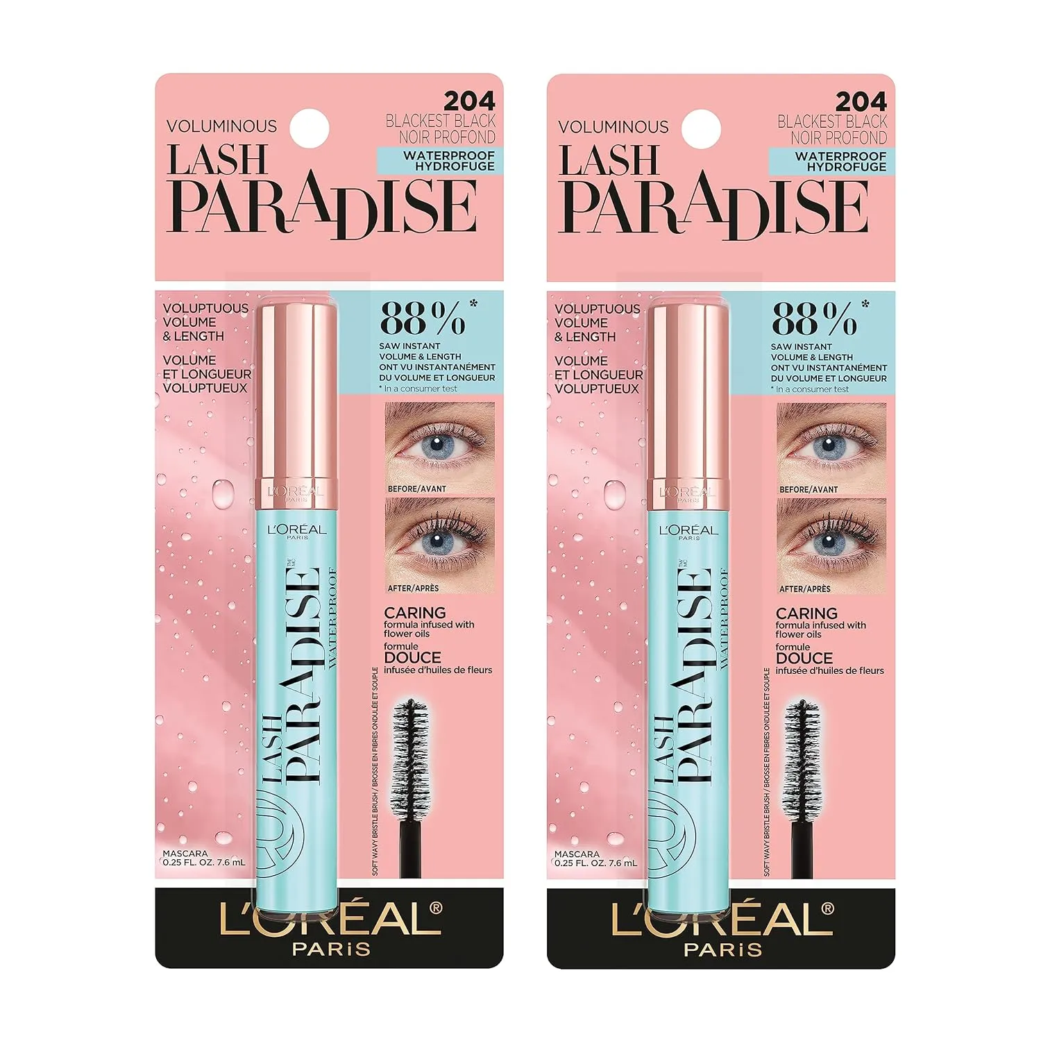 L'Oreal Paris Voluminous Makeup Lash Paradise Waterproof Mascara, Voluptuous Volume, Intense Length, Feathery Soft Full Lashes, No Smudging, No Clumping, Black, 0.25 Fl Oz (Pack of 2)