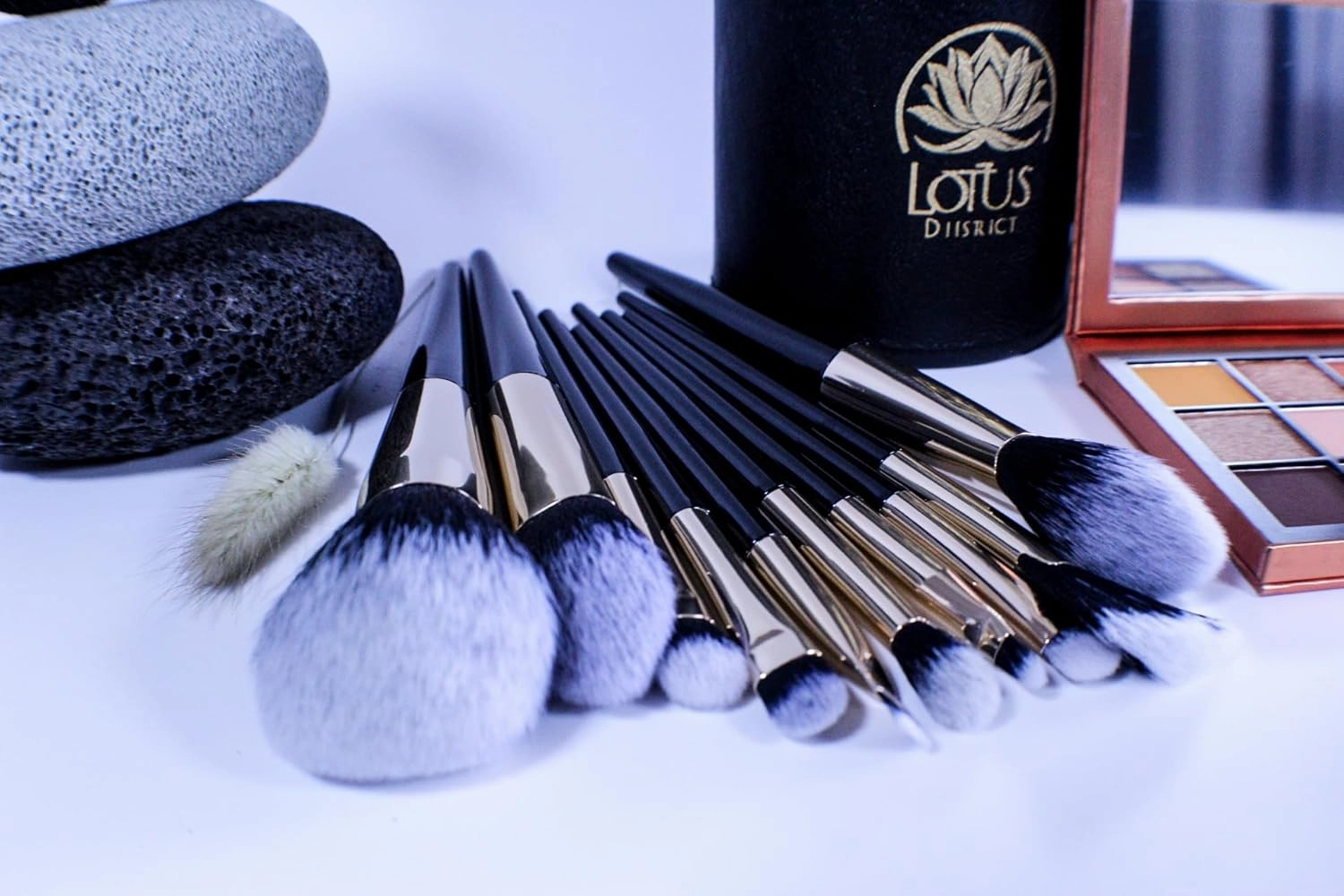 Lotus District Luxury Makeup Brushes Set|10 pcs| Softy Synthetic Fiber with durable and stylish handle| Faux Leather travel Container (Black&Gold)|Blush Eyeshadow Contour Lash Powder Brush