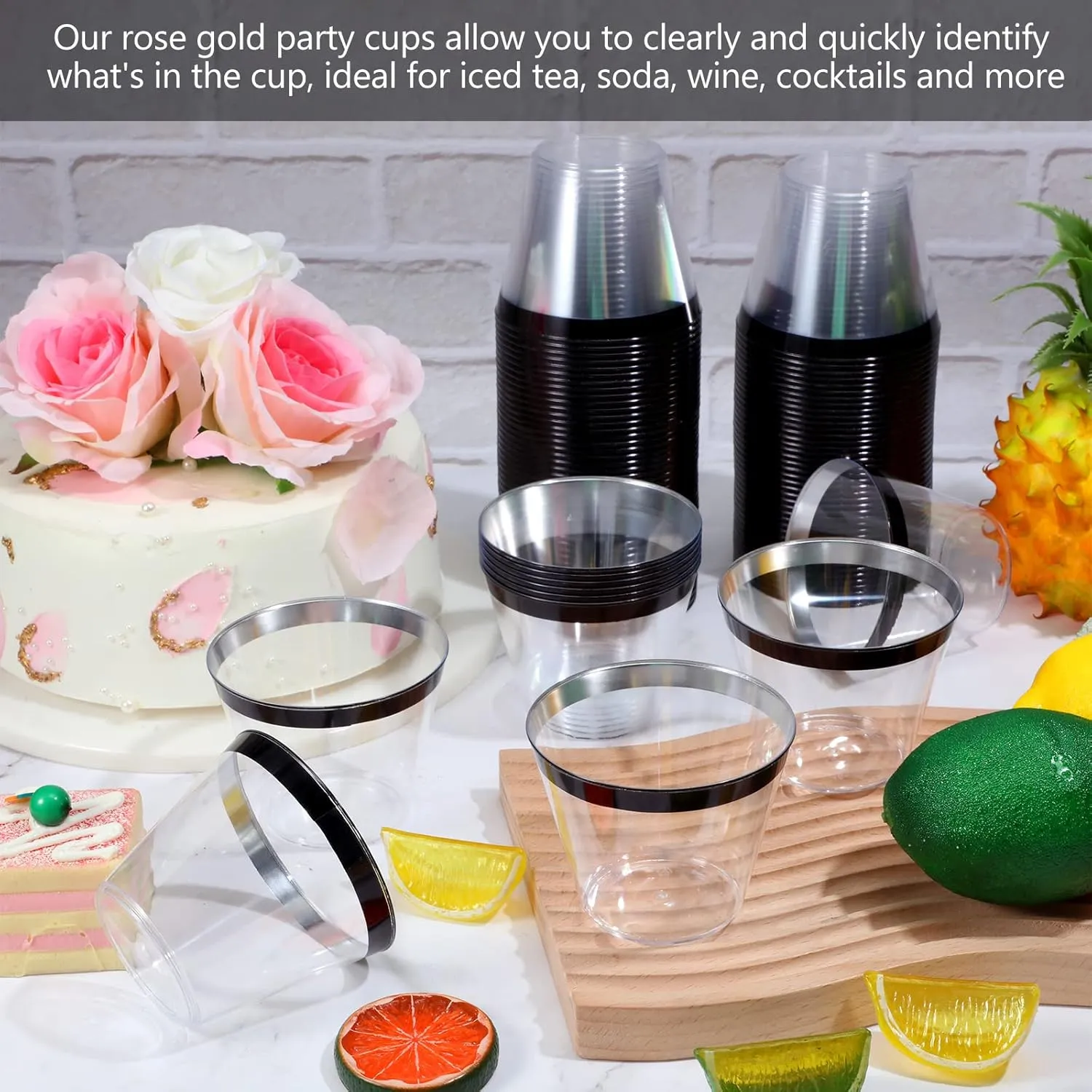 Lounsweer 100 Pcs 9oz Rimmed Plastic Cups Wedding Clear Cocktail Cups Heavy Duty Disposable Wine Glasses for Birthday Bridal Shower Baby Shower Holiday Celebrations(Black)