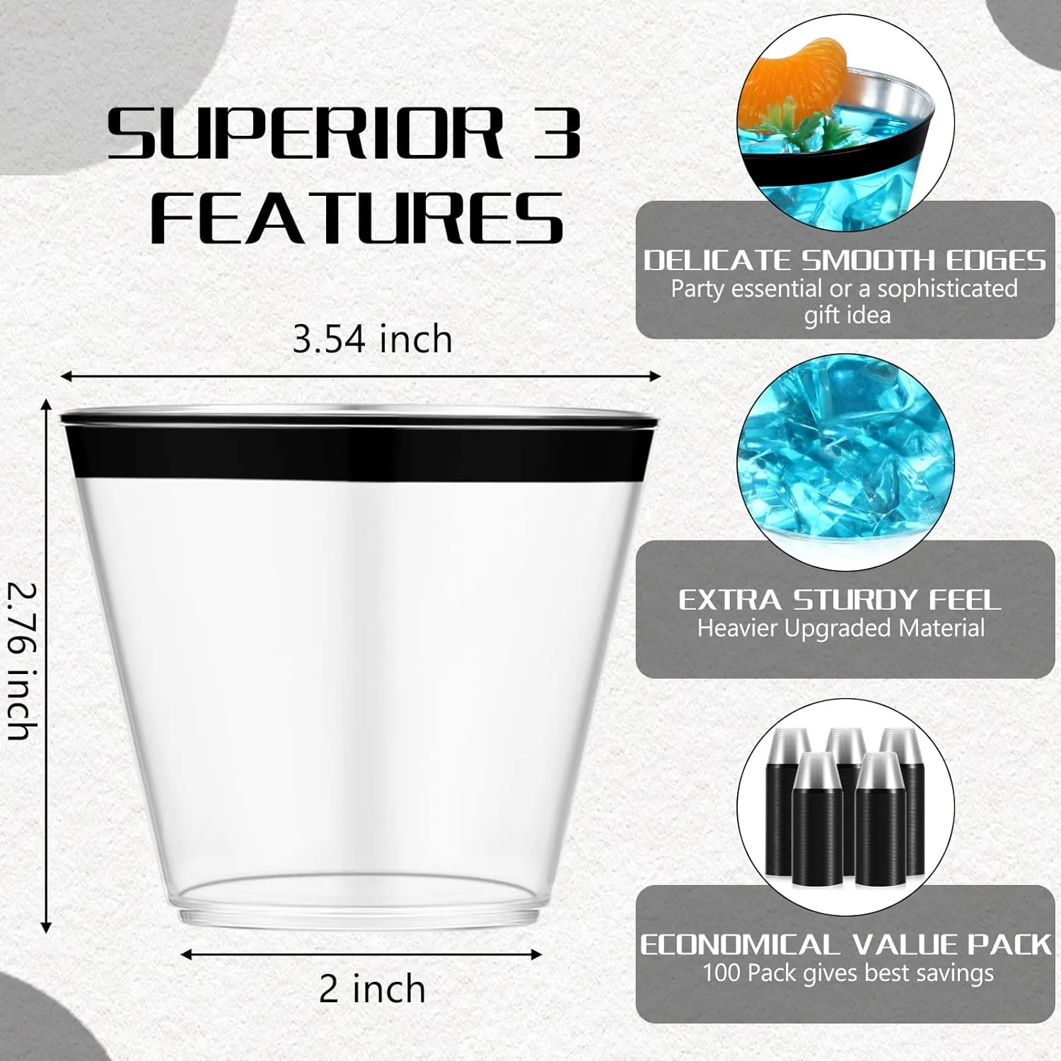 Lounsweer 100 Pcs 9oz Rimmed Plastic Cups Wedding Clear Cocktail Cups Heavy Duty Disposable Wine Glasses for Birthday Bridal Shower Baby Shower Holiday Celebrations(Black)