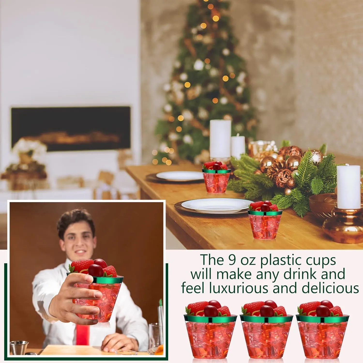 Lounsweer 100 Pcs 9oz Rimmed Plastic Cups Wedding Clear Cocktail Cups Heavy Duty Disposable Wine Glasses for Birthday Bridal Shower Baby Shower Holiday Celebrations(Green)