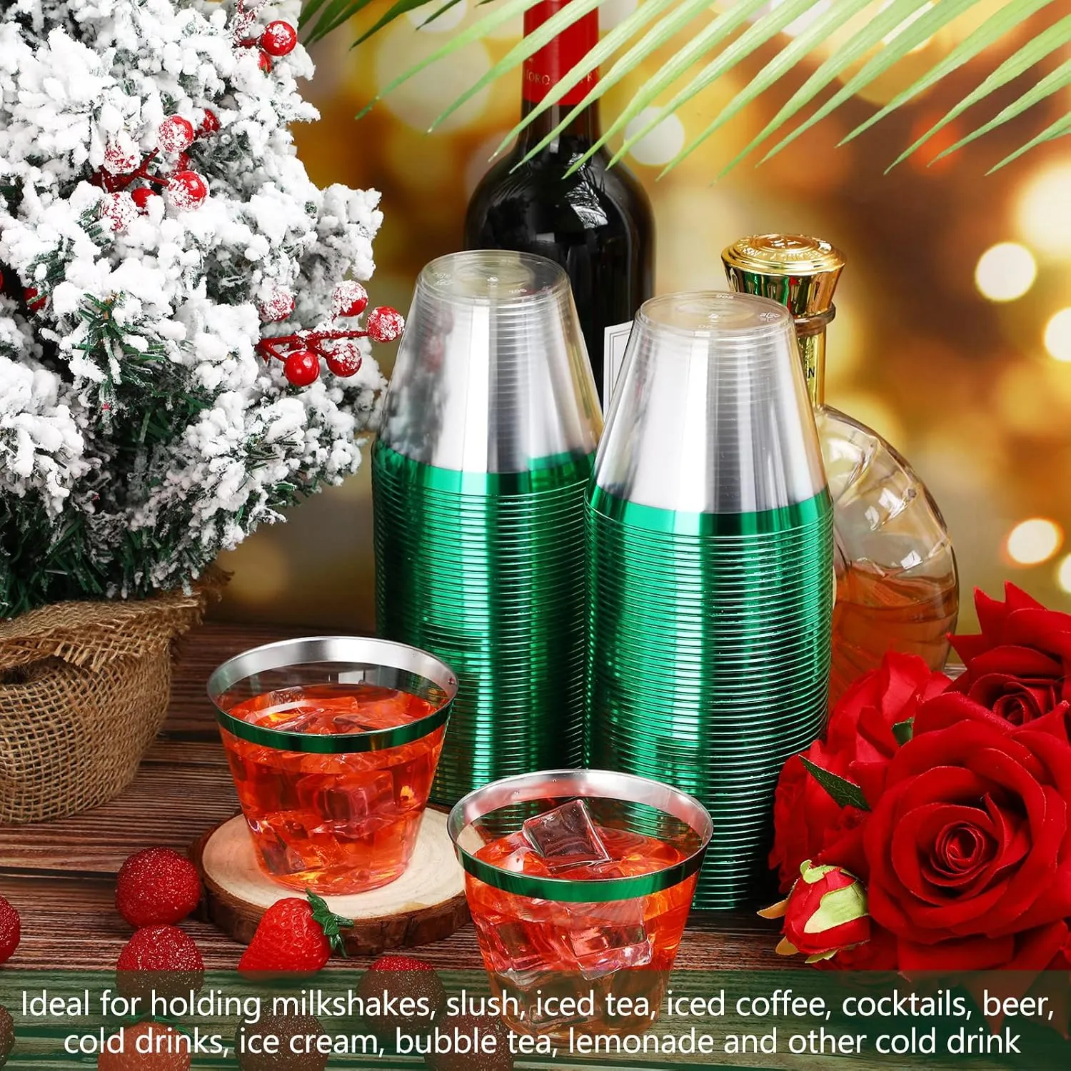 Lounsweer 100 Pcs 9oz Rimmed Plastic Cups Wedding Clear Cocktail Cups Heavy Duty Disposable Wine Glasses for Birthday Bridal Shower Baby Shower Holiday Celebrations(Green)
