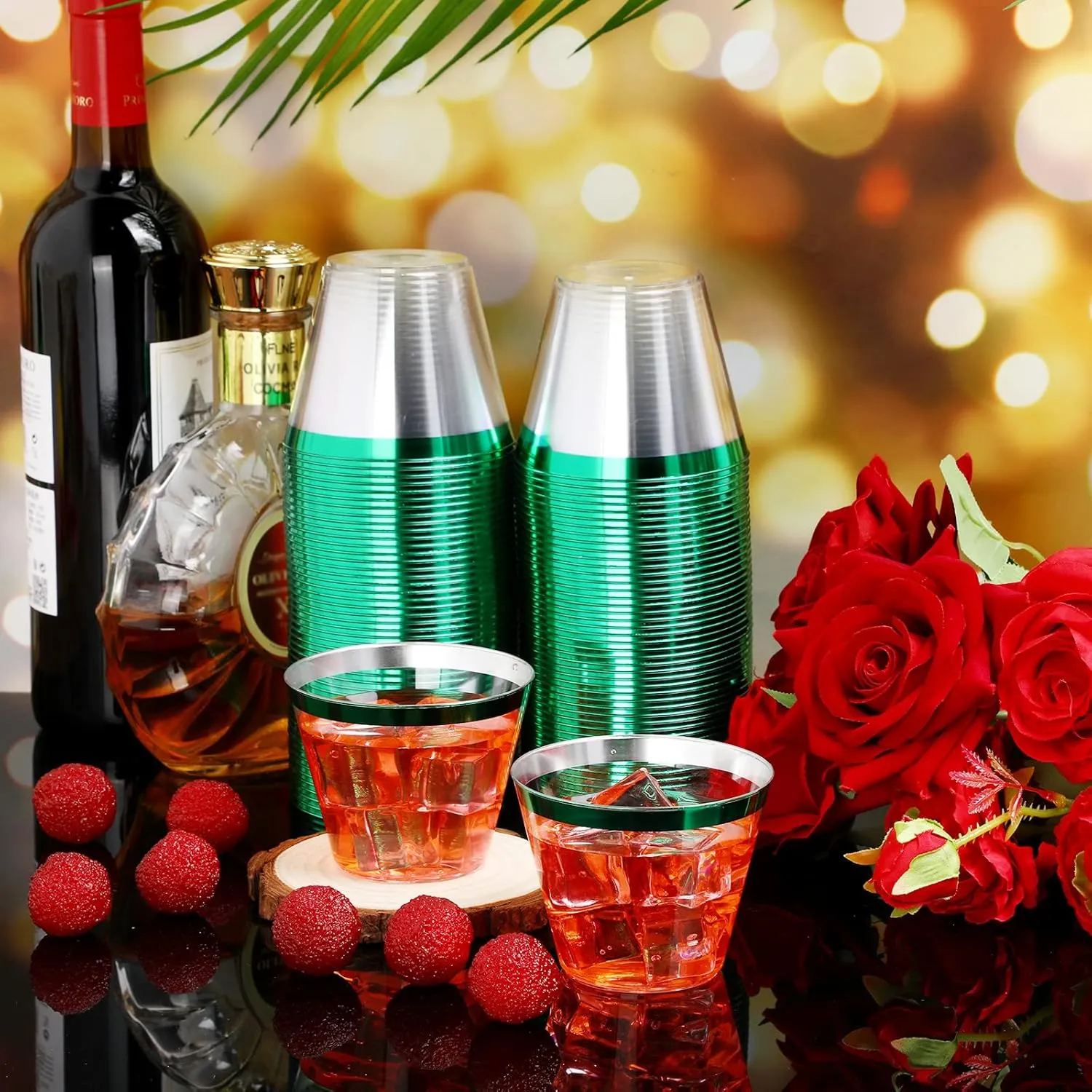 Lounsweer 100 Pcs 9oz Rimmed Plastic Cups Wedding Clear Cocktail Cups Heavy Duty Disposable Wine Glasses for Birthday Bridal Shower Baby Shower Holiday Celebrations(Green)