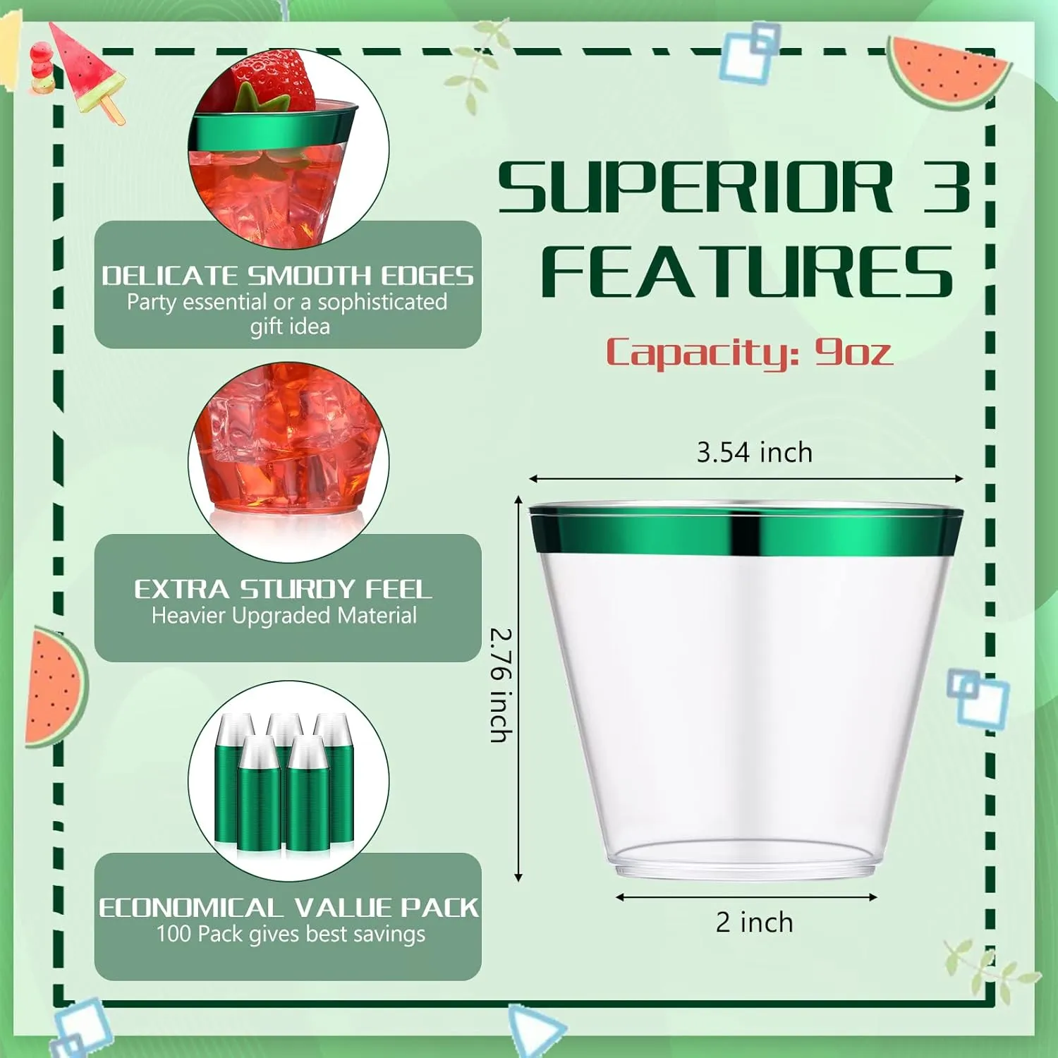 Lounsweer 100 Pcs 9oz Rimmed Plastic Cups Wedding Clear Cocktail Cups Heavy Duty Disposable Wine Glasses for Birthday Bridal Shower Baby Shower Holiday Celebrations(Green)