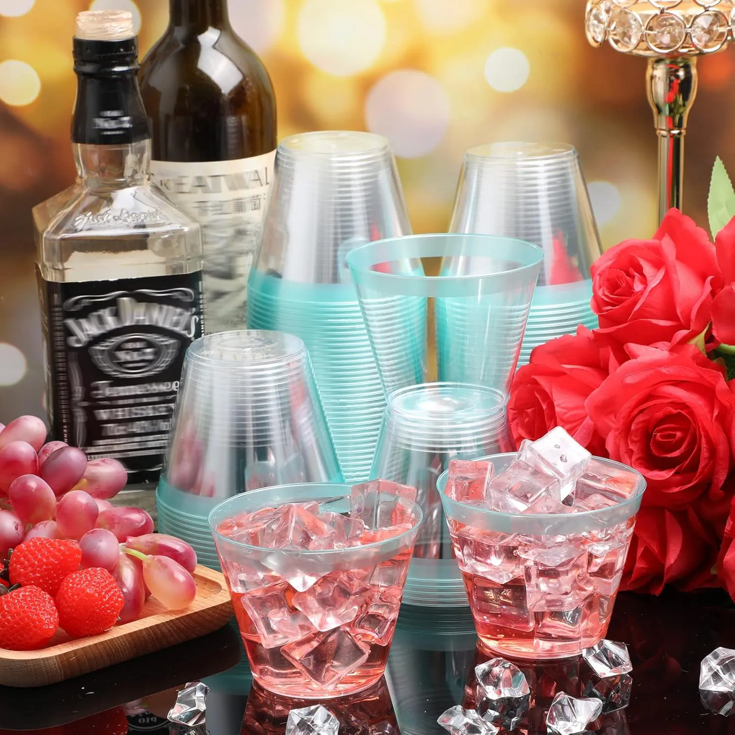 Lounsweer 100 Pcs 9oz Rimmed Plastic Cups Wedding Clear Cocktail Cups Heavy Duty Disposable Wine Glasses for Birthday Bridal Shower Baby Shower Holiday Celebrations(Light Green)