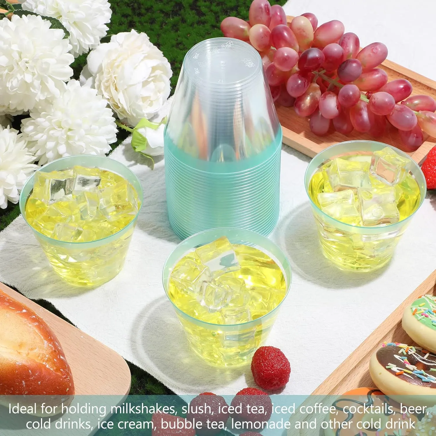 Lounsweer 100 Pcs 9oz Rimmed Plastic Cups Wedding Clear Cocktail Cups Heavy Duty Disposable Wine Glasses for Birthday Bridal Shower Baby Shower Holiday Celebrations(Light Green)