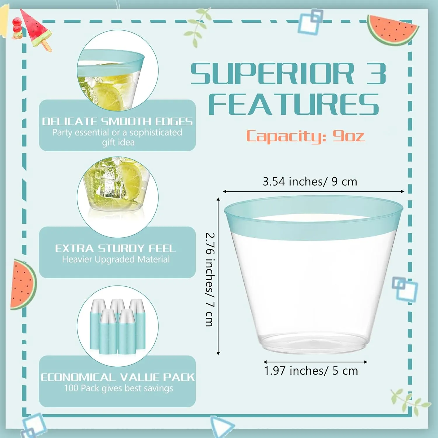 Lounsweer 100 Pcs 9oz Rimmed Plastic Cups Wedding Clear Cocktail Cups Heavy Duty Disposable Wine Glasses for Birthday Bridal Shower Baby Shower Holiday Celebrations(Light Green)