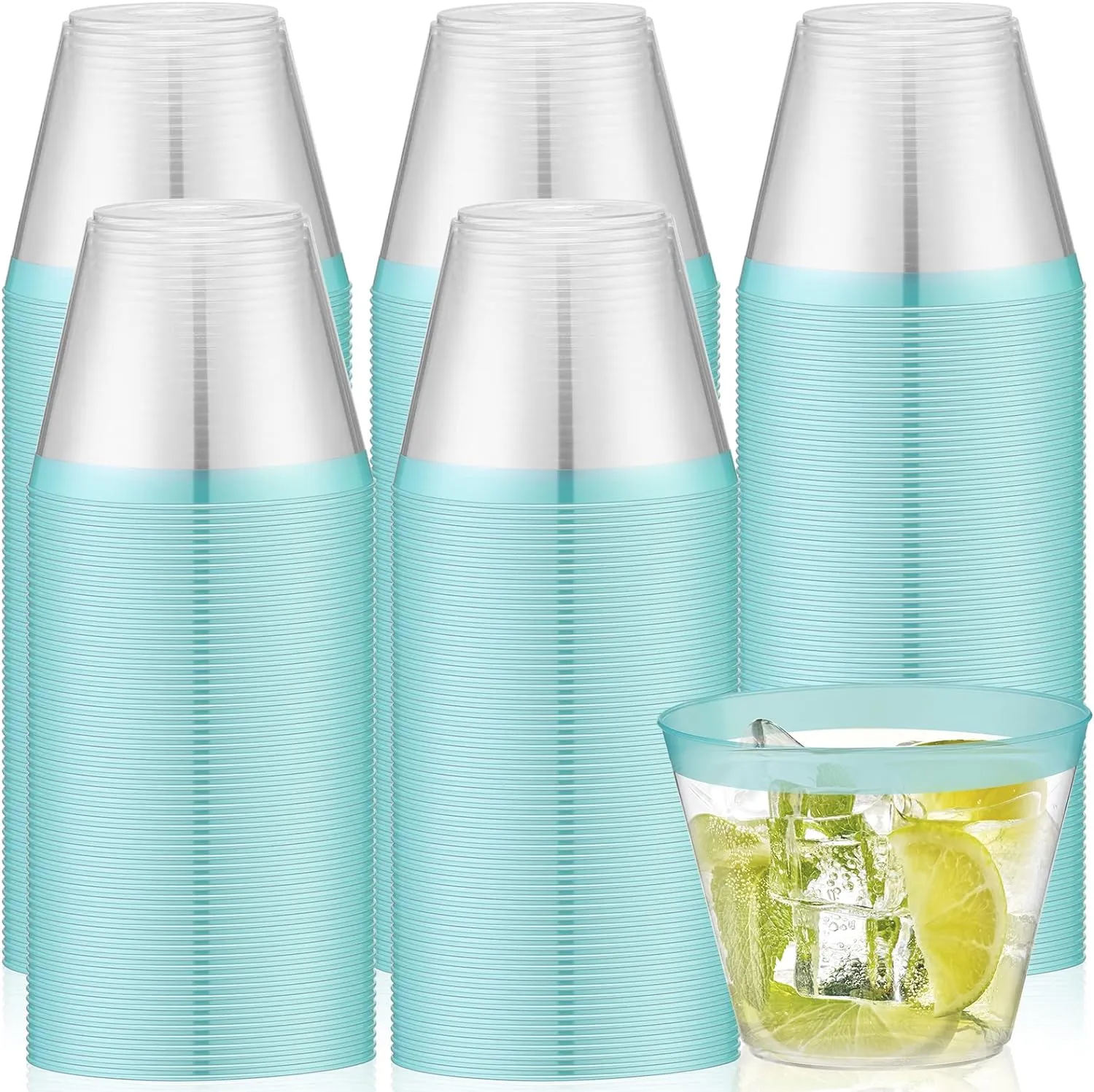 Lounsweer 100 Pcs 9oz Rimmed Plastic Cups Wedding Clear Cocktail Cups Heavy Duty Disposable Wine Glasses for Birthday Bridal Shower Baby Shower Holiday Celebrations(Light Green)
