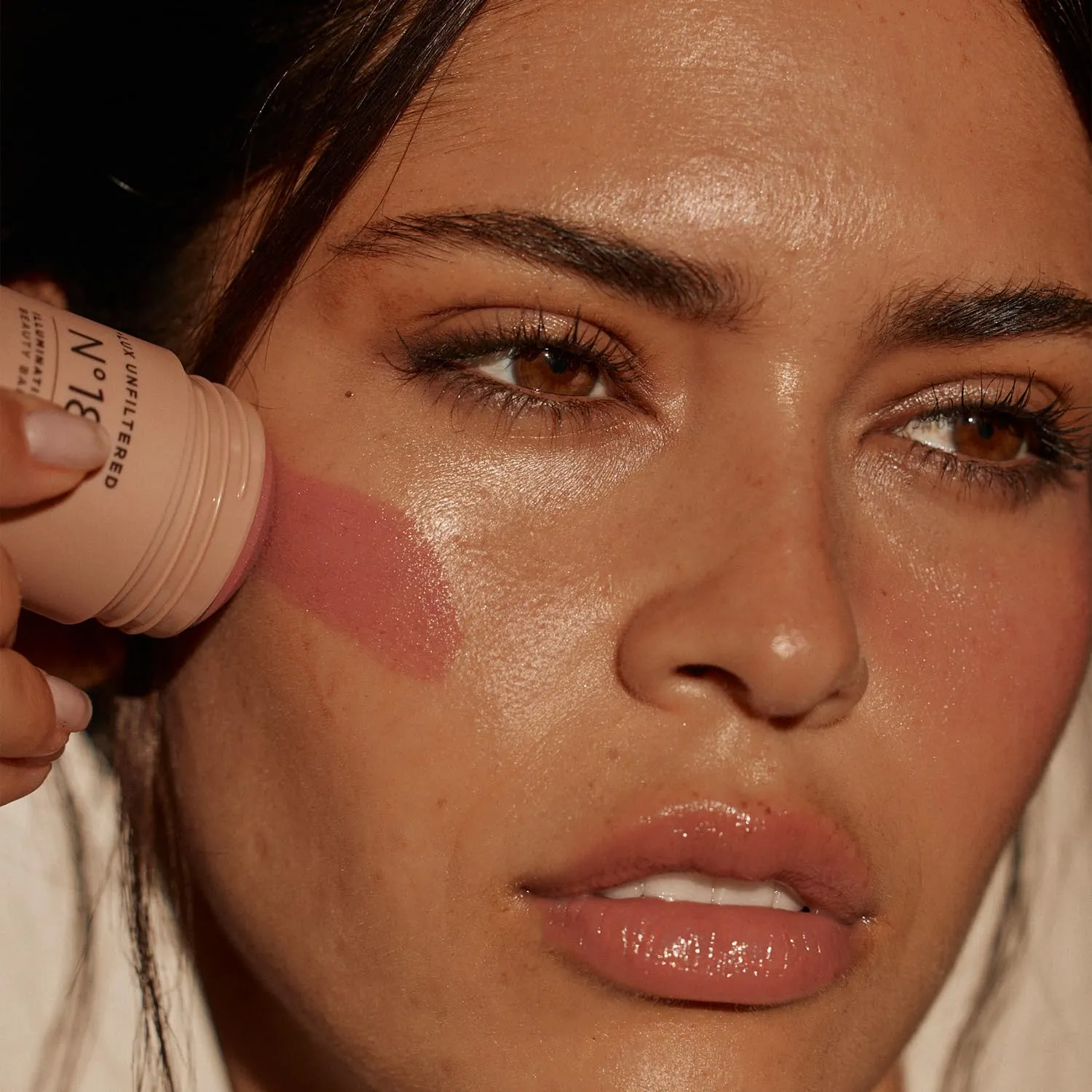   Lux Unfiltered N°18 Illuminating Beauty Balm - Cream Blush Stick with Mango Butter - Buildable and Blendable Shimmer Blush Makeup Stick - Vegan & Cruelty Free - Sunset (A Sheer Sun Kissed Glow)