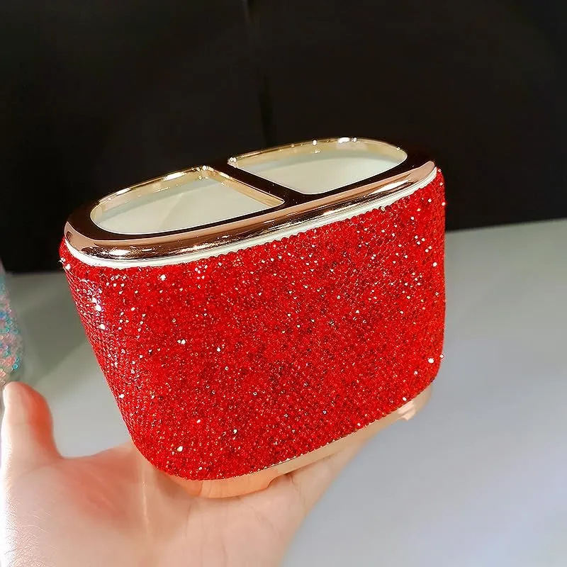 Luxury Bling Rhinestone-Embellished Makeup Organizer Box Storage – Large Capacity Cosmetic Brush Lipstick Eyebrow Pencil Storage Box and Desktop Organizer Rack (Red)