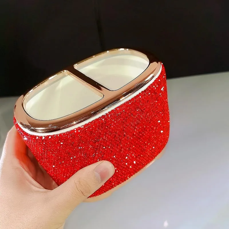 Luxury Bling Rhinestone-Embellished Makeup Organizer Box Storage – Large Capacity Cosmetic Brush Lipstick Eyebrow Pencil Storage Box and Desktop Organizer Rack (Red)