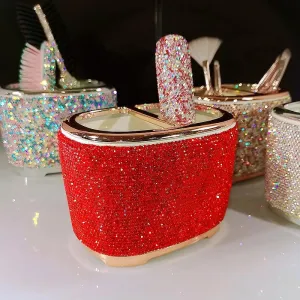 Luxury Bling Rhinestone-Embellished Makeup Organizer Box Storage – Large Capacity Cosmetic Brush Lipstick Eyebrow Pencil Storage Box and Desktop Organizer Rack (Red)