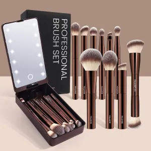 MAANGE 10 Pcs Makeup Brush Set Double-ended Kabuki Brush Travel Makeup Brushes for Foundation Powder Concealers Eye Shadows Makeup Tools Set with LED Light Mirror (Coffee Brown)