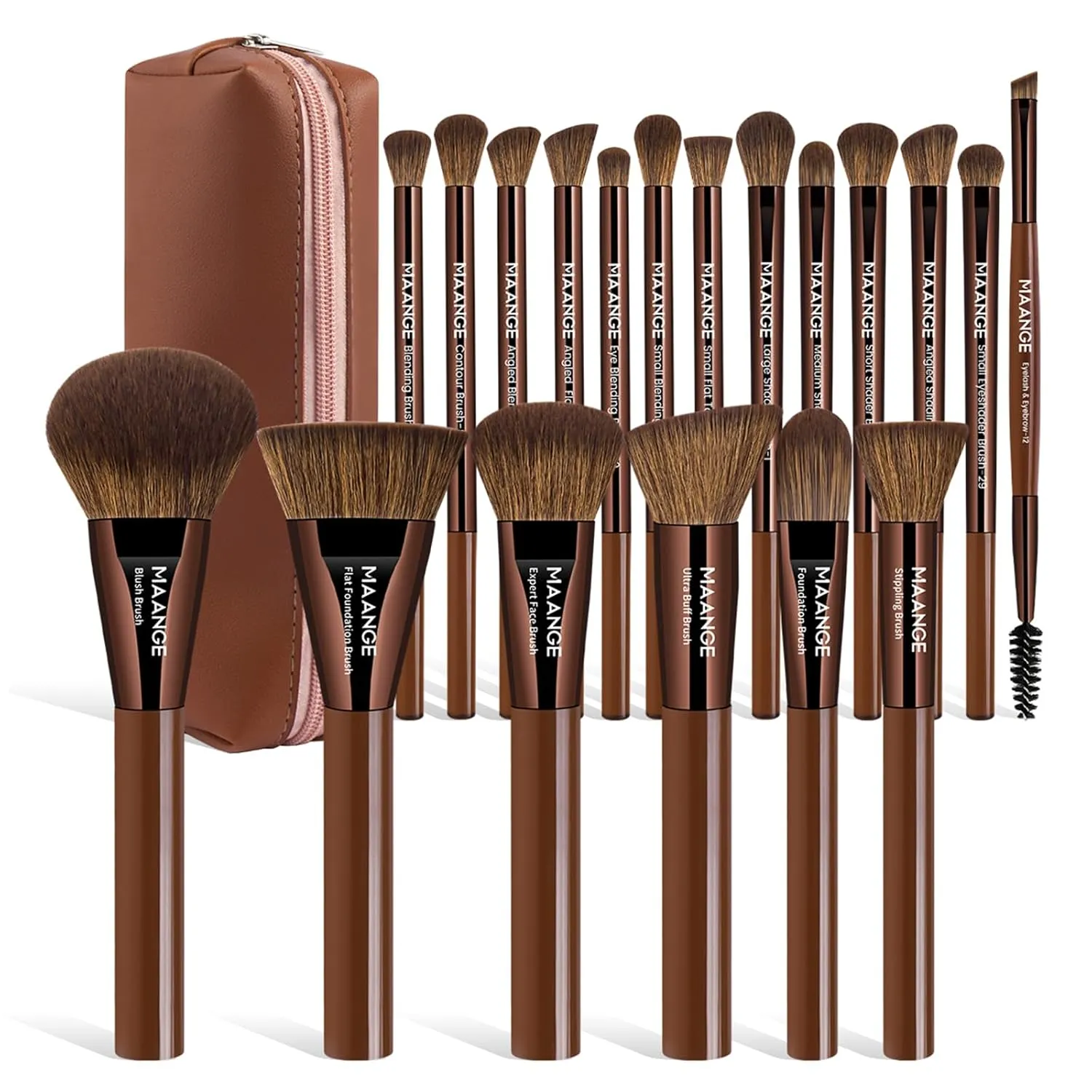 MAANGE 20 PCS Makeup Brushes with Case Professional Makeup Brush Set Premium Synthetic Face Kabuki Foundation Brush Kit (Coffee)