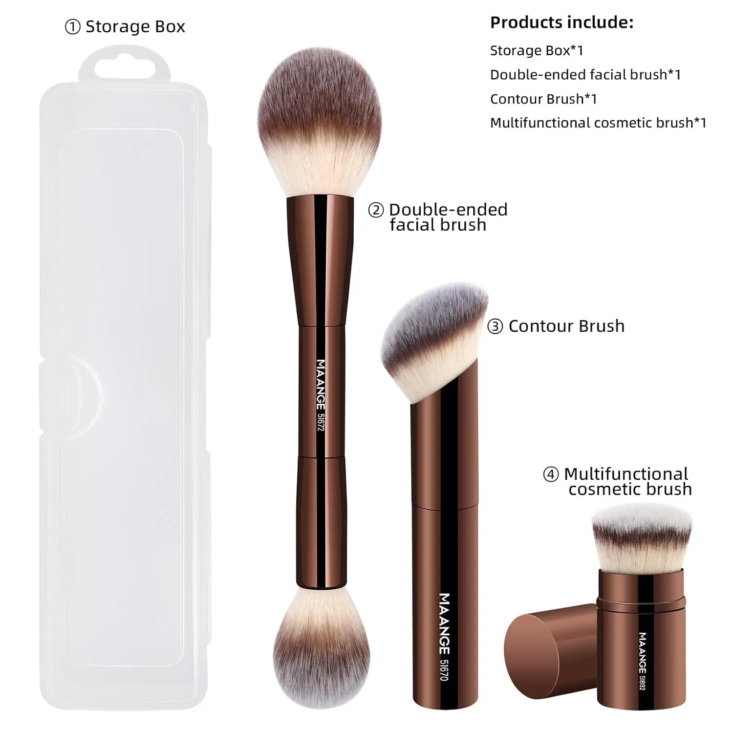 MAANGE 3 PCS Foundation Makeup Brush Set, Double-ended Contour Brush for Liquid Powder Concealer Cream Cosmetics Blending Blush Buffing Face Makeup Tools (Coffee)