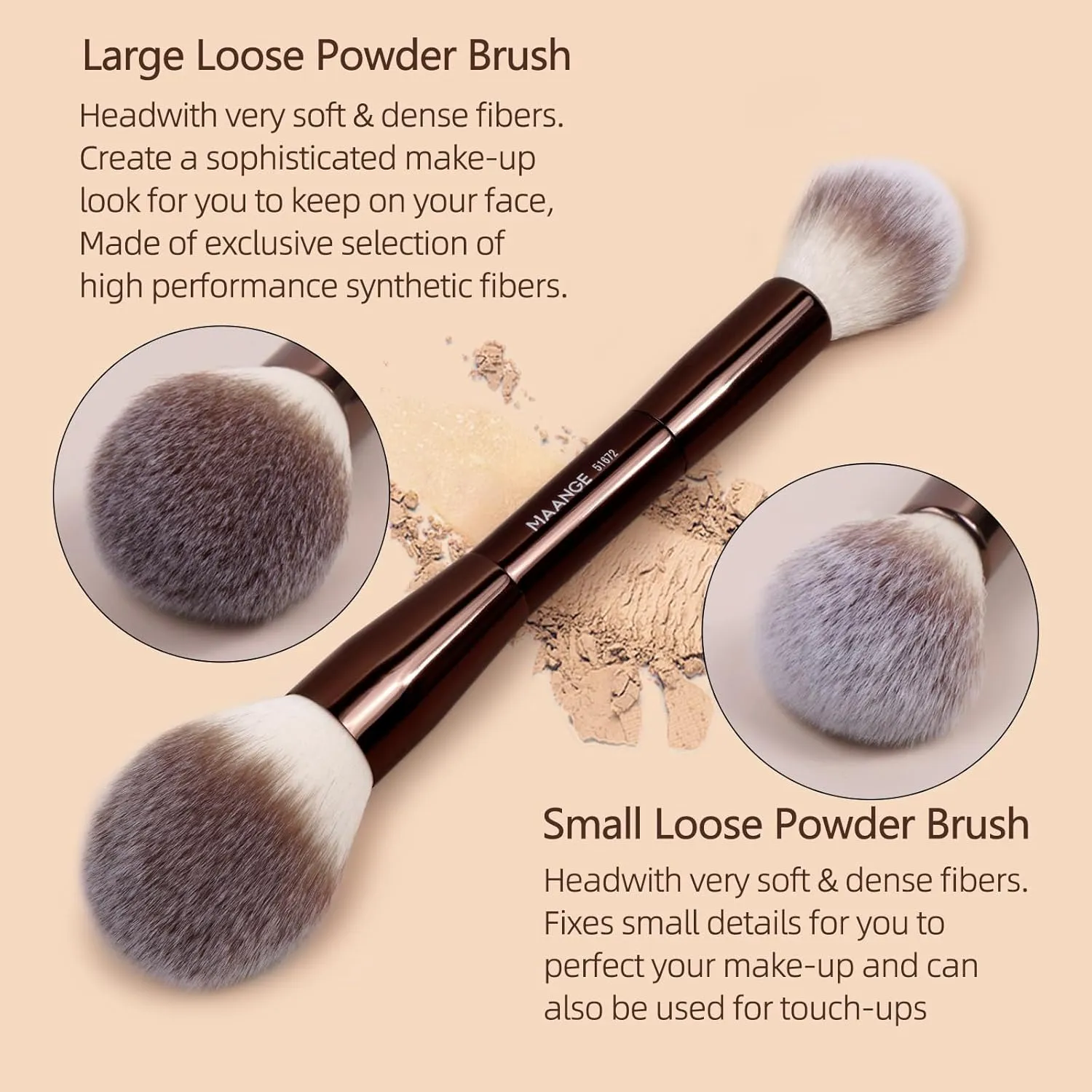 MAANGE 3 PCS Foundation Makeup Brush Set, Double-ended Contour Brush for Liquid Powder Concealer Cream Cosmetics Blending Blush Buffing Face Makeup Tools (Coffee)