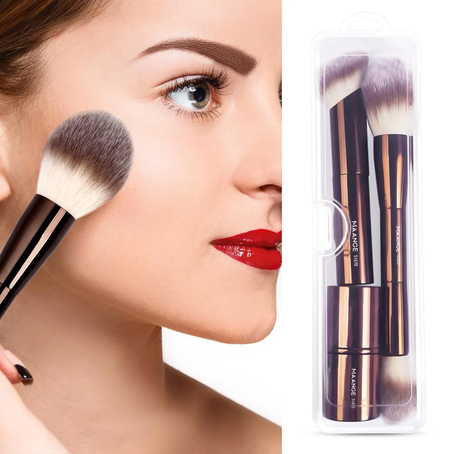 MAANGE 3 PCS Foundation Makeup Brush Set, Double-ended Contour Brush for Liquid Powder Concealer Cream Cosmetics Blending Blush Buffing Face Makeup Tools (Coffee)