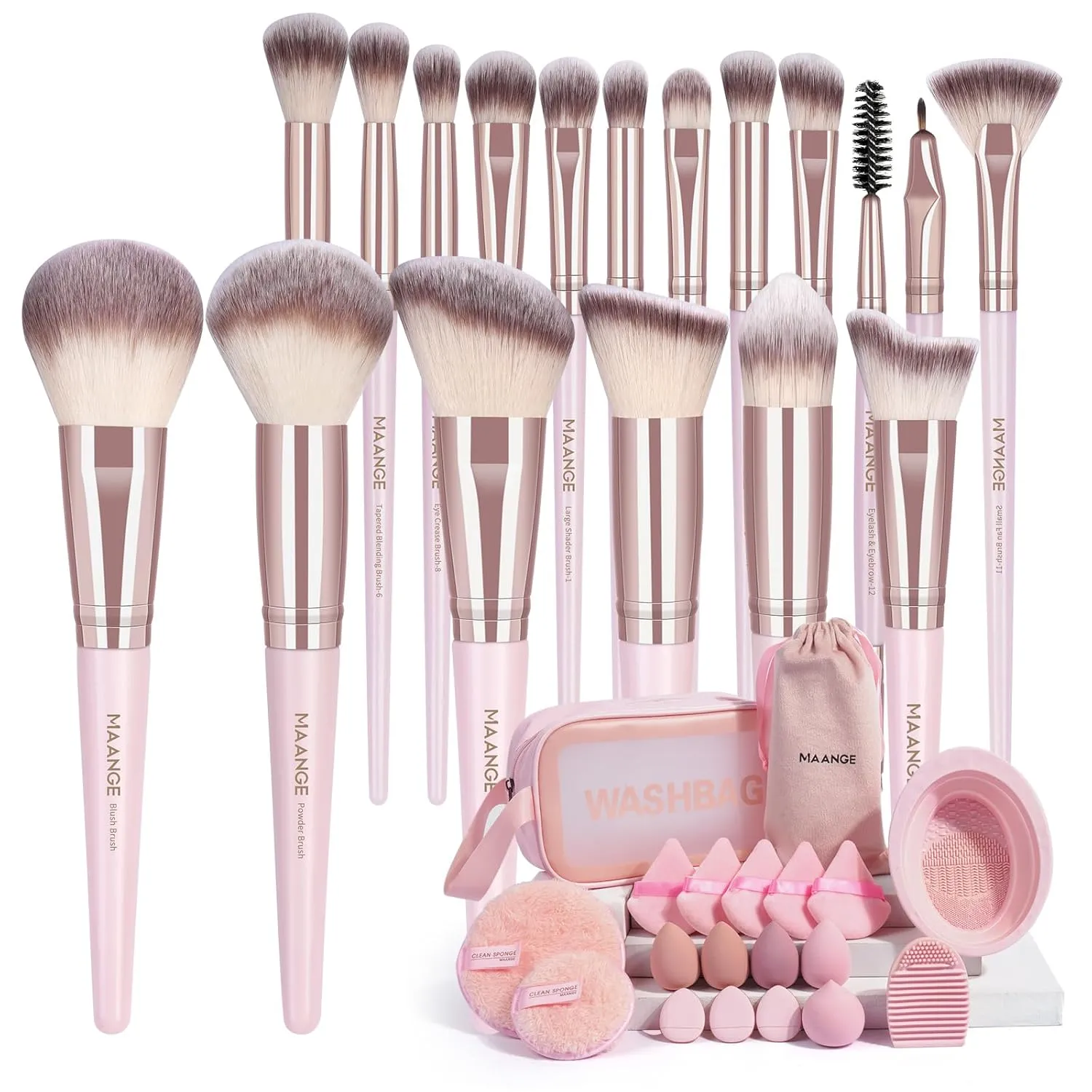 MAANGE 37 Pcs Makeup Brush Set Premium Synthetic Make Up Brushes Foundation Eye Shadow Powder Concealers Brushes Set for Beginners Professional Makeup Tool Set (Pink)
