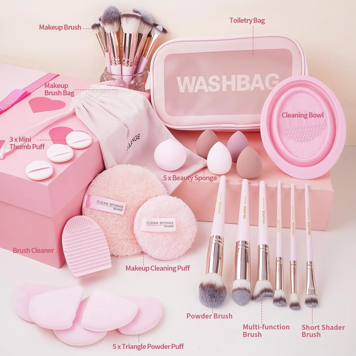 MAANGE 37 Pcs Makeup Brush Set Premium Synthetic Make Up Brushes Foundation Eye Shadow Powder Concealers Brushes Set for Beginners Professional Makeup Tool Set (Pink)