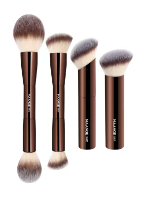 MAANGE 4 PCS Foundation Makeup Brush Set Double-ended Kabuki Brush Contour Brush for Liquid Powder Concealer Cream Cosmetics Blending Blush Face Makeup Tools Kit (Coffee)