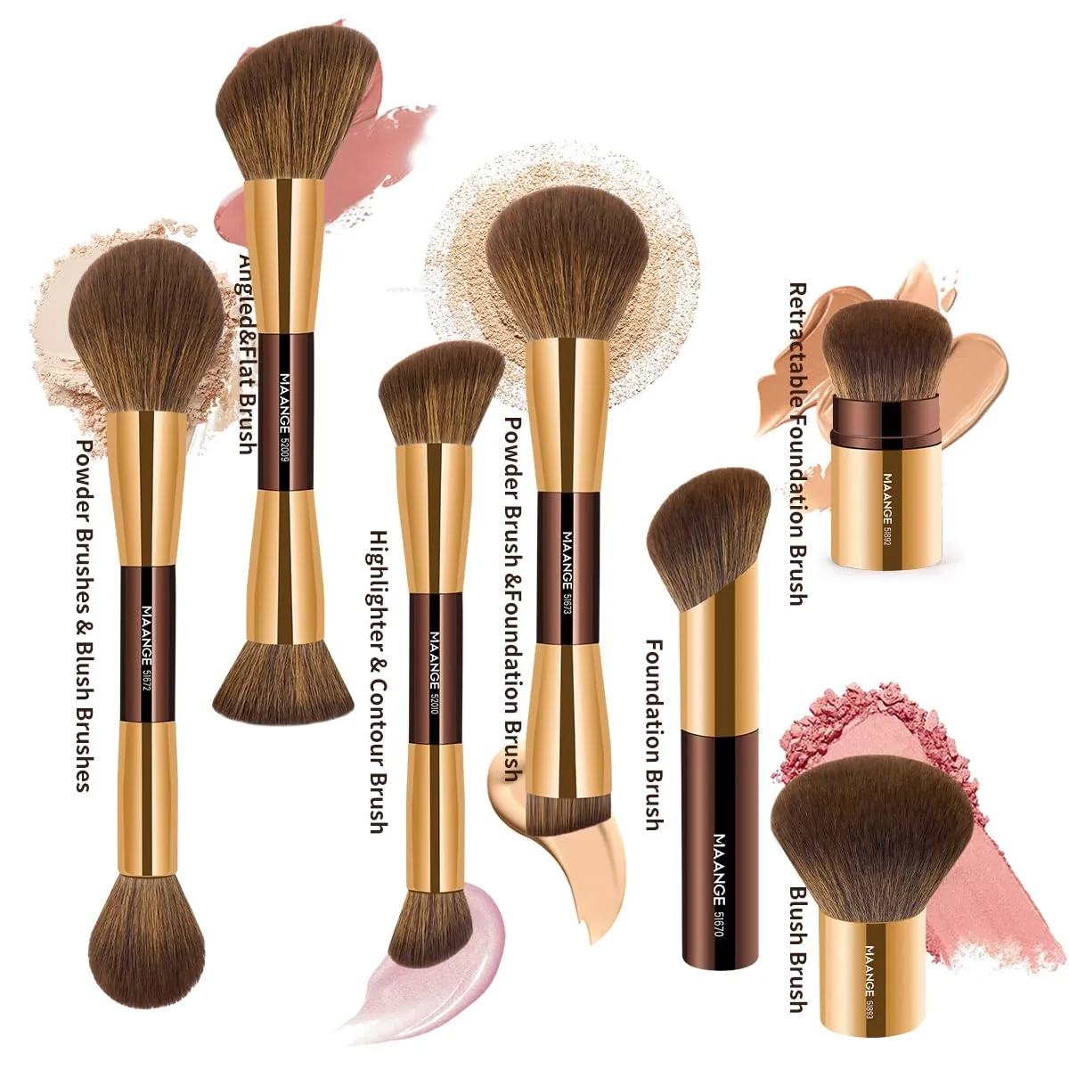 MAANGE 7pcs Makeup Brush Set Double Sided Kabuki Makeup Brushes Contour Brush for Foundation Liquid Powder Concealer Cream Cosmetics Bronzer Blending Blush Buffing Makeup Tools (Coffee Gold)