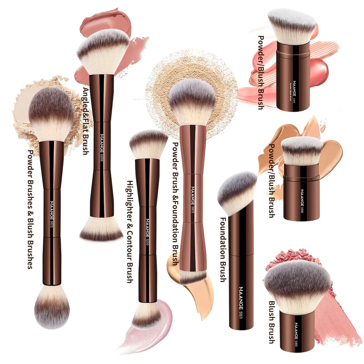 MAANGE 8 Pcs Makeup Brushes with Bag, Double-End Multi-functional Makeup Brushes for Blending Liquid Powder Concealer Cream Blush (Coffee Brown)