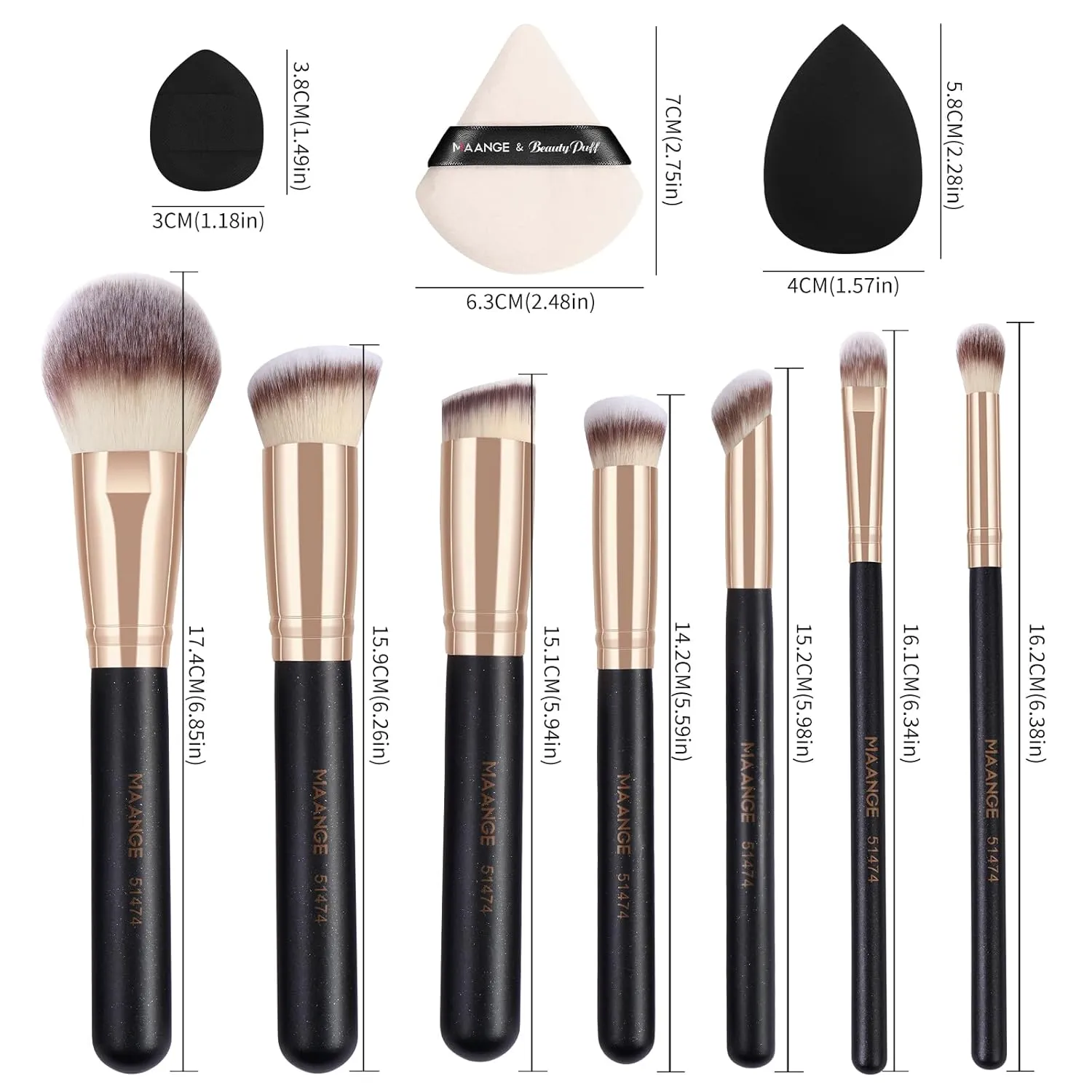 MAANGE Makeup Brush Set 15 Pcs Makeup Tool Set Premium Synthetic Foundation Powder Concealers Eye shadows Blush Brush Set with Makeup Brushes Bag (Black Gold)