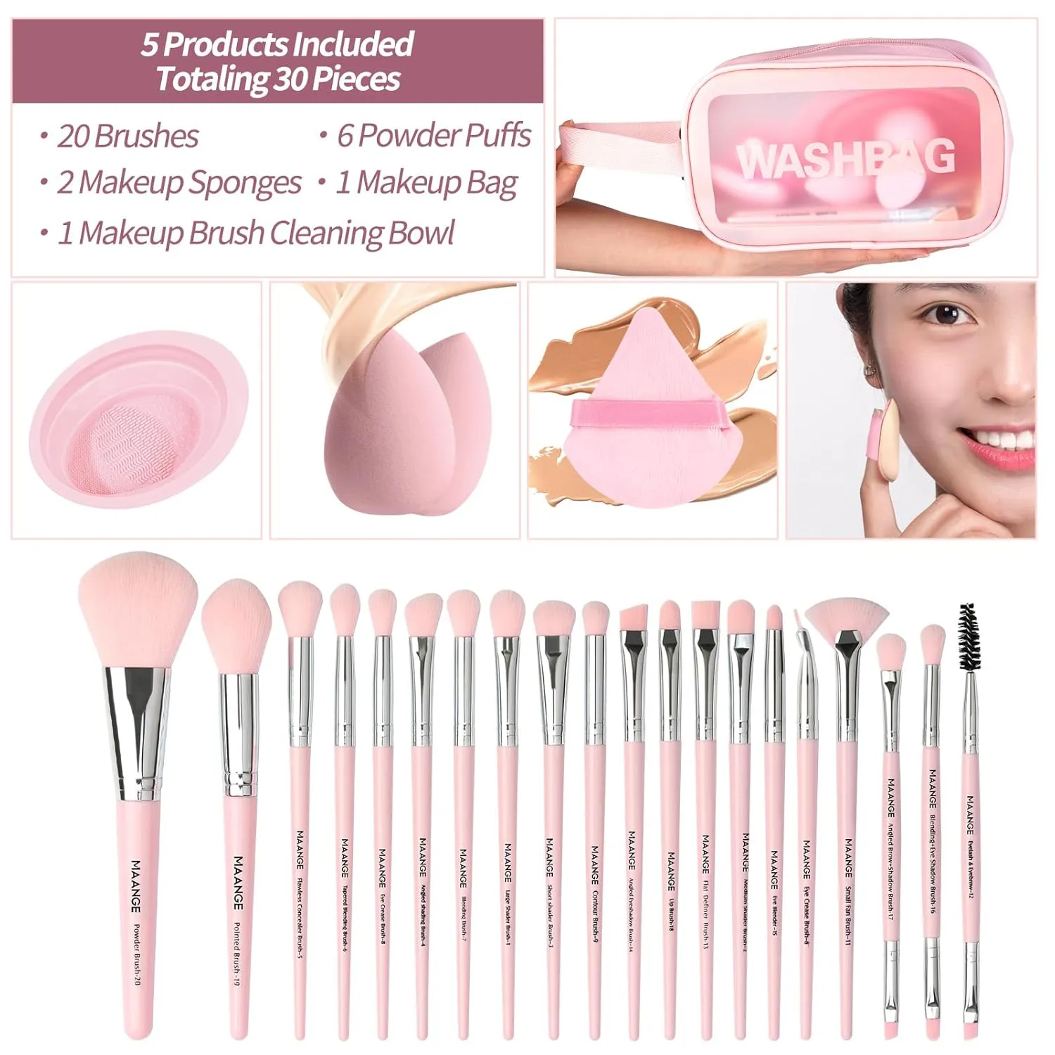 MAANGE Makeup Brush Set 30 Pcs Premium Synthetic Makeup Brushes Foundation Eye Shadow Powder Concealers Highlight Blending Brush Professional Make Up Brush Kit (Pink)