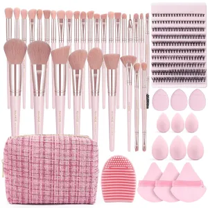 MAANGE Makeup Brush Set 45 Pcs Makeup Tool Set Premium Synthetic Foundation Powder Concealers Eye shadows Blush Makeup Brushes with Bag(Pink)