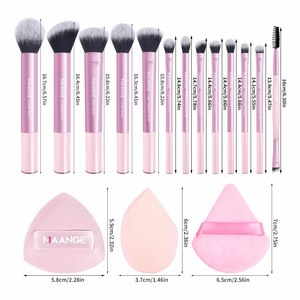 MAANGE 16PCS Makeup Brush Set Travel Makeup Brushes for Liquid Powder Contour Concealer Cream Cosmetics Blending Eyeshadow Eyeliner (Pink)