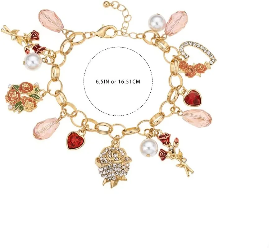 Madison Tyler Valentines Day Charms Gold Plated Rose Bracelet for Women | Pave Rhinestone Heart | Red Rose Imitation Pearl Charms Jewelry for Her | Couples Gifts Valentine's Day