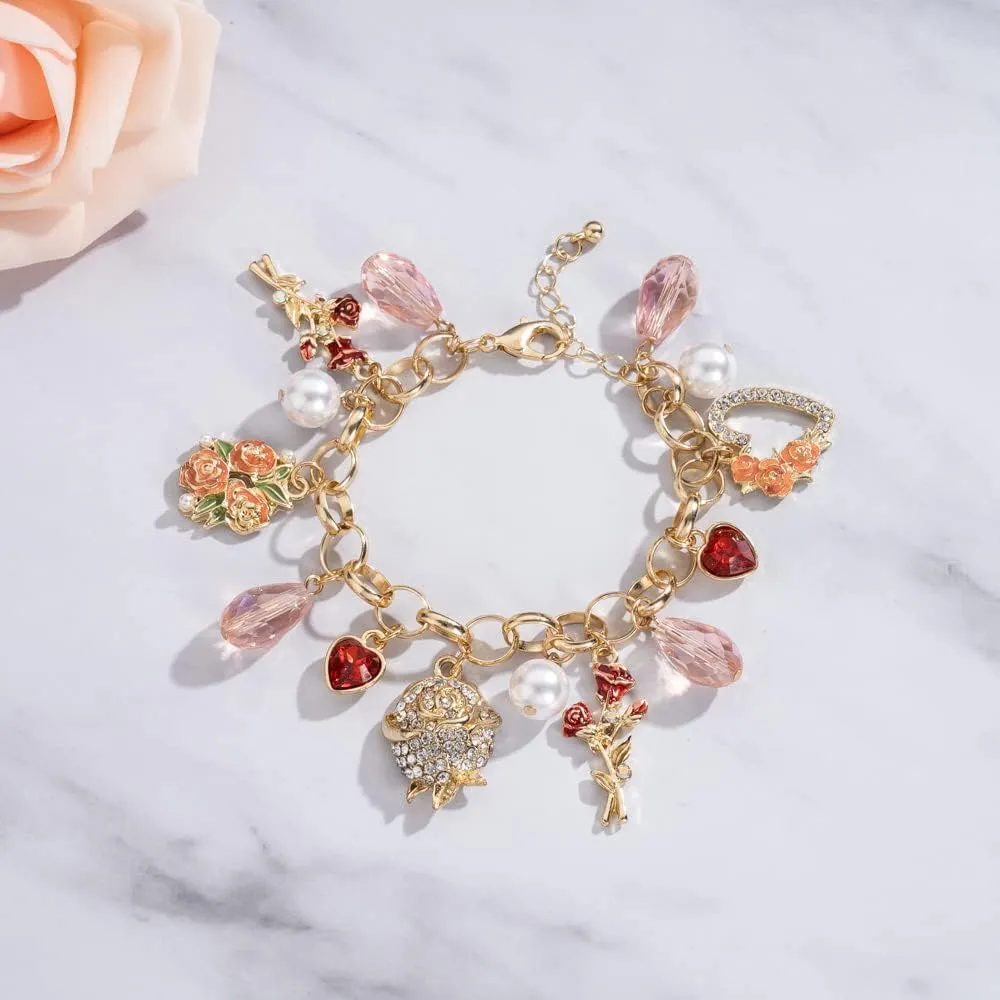 Madison Tyler Valentines Day Charms Gold Plated Rose Bracelet for Women | Pave Rhinestone Heart | Red Rose Imitation Pearl Charms Jewelry for Her | Couples Gifts Valentine's Day