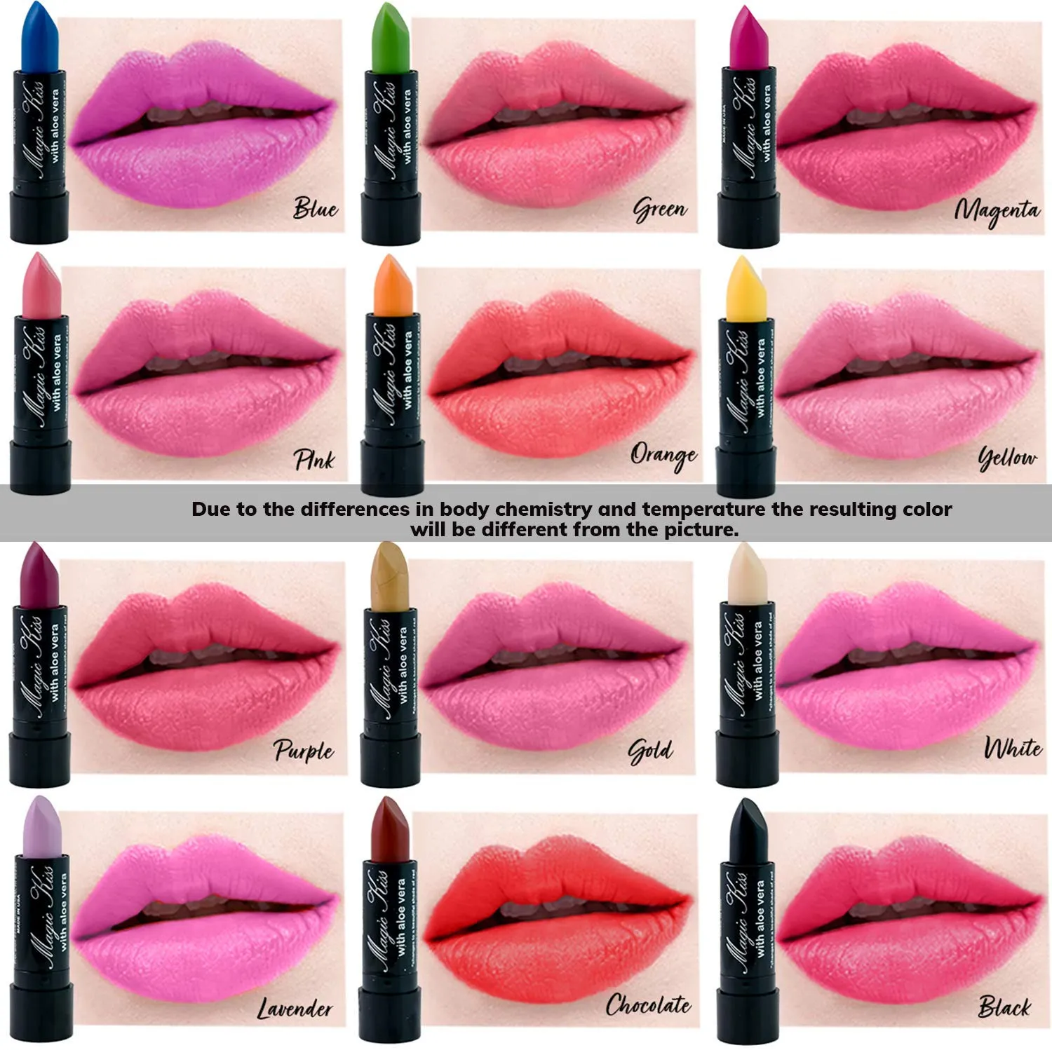 Magic Kiss Pack of 12 Color Changing Aloe Vera Lipstick set, MADE IN USA (Magenta)