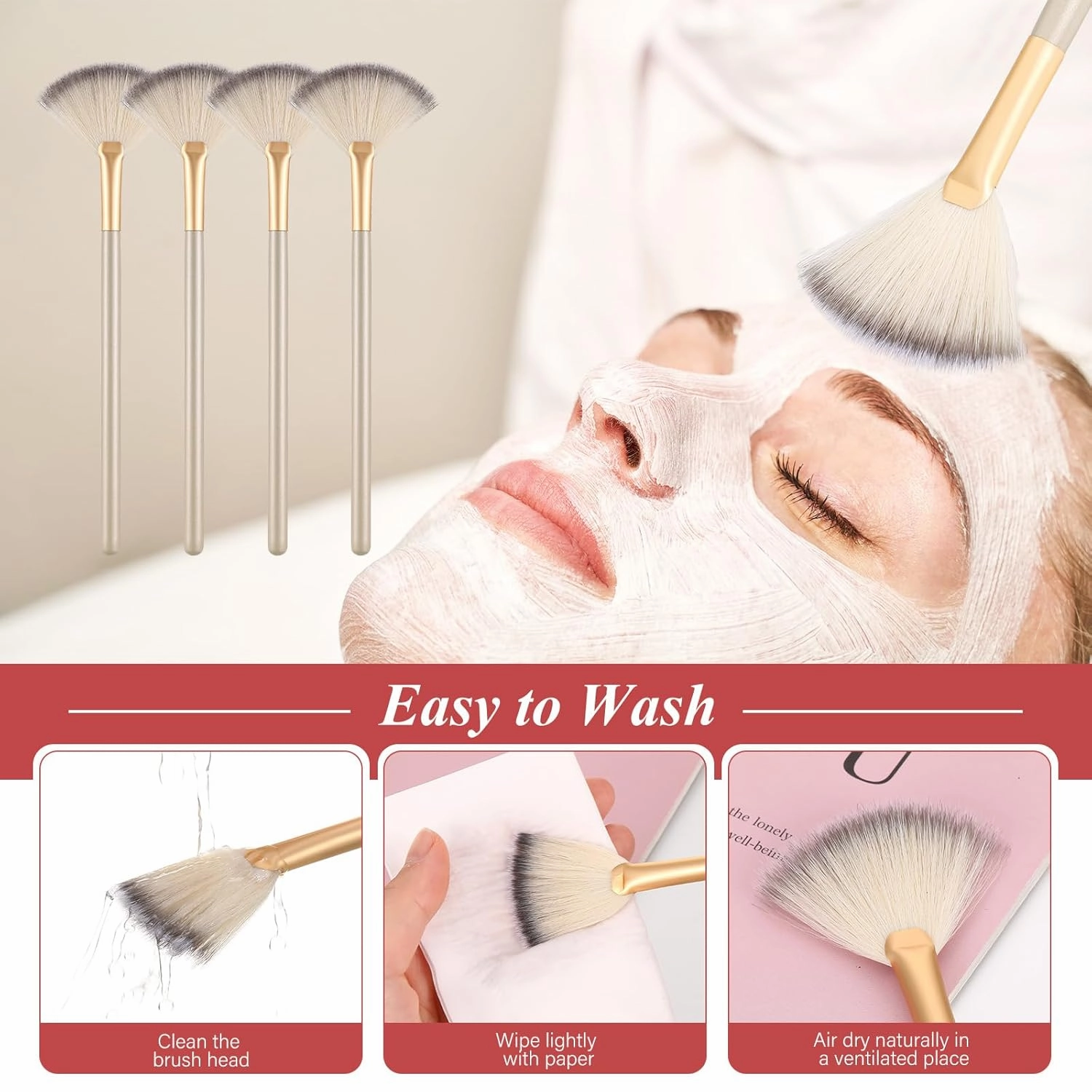Maitys 100 Pieces Fan Brushes, Soft Blush Makeup Brush, Esthetician Brush, Mask Acid Applicator Brush Tools for Women Girls Peel Mask Makeup for Mud Cream (Champagne, 2.3x7.9 Inch)