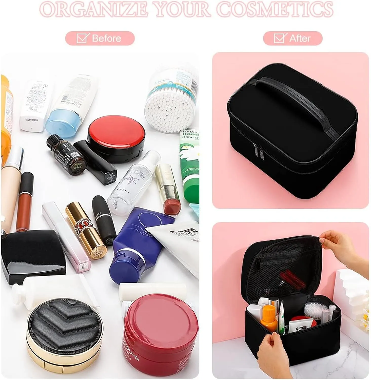 Makeup Bag, Black Solid Color Travel Cosmetic Bag Makeup Organizer Case Large Capacity Portable Zipper Toiletry Bag for Women