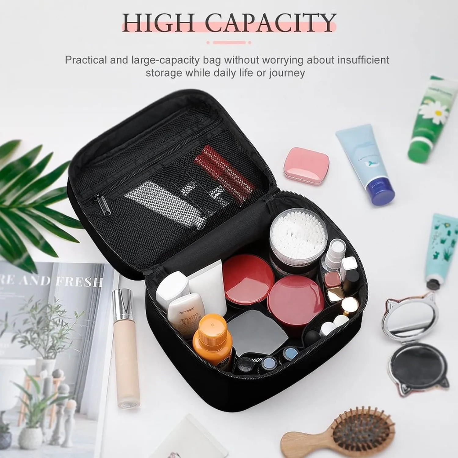 Makeup Bag, Black Solid Color Travel Cosmetic Bag Makeup Organizer Case Large Capacity Portable Zipper Toiletry Bag for Women