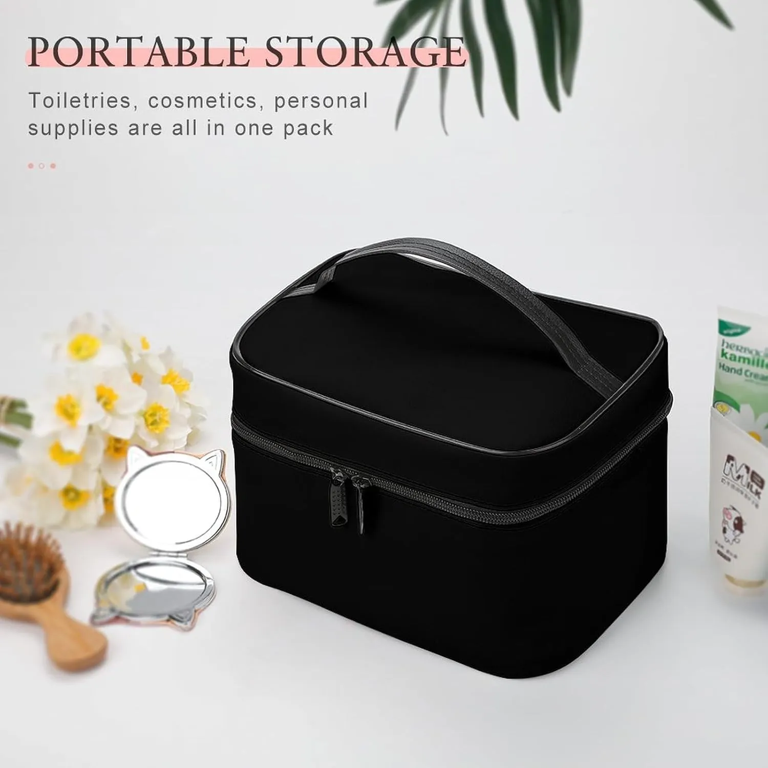 Makeup Bag, Black Solid Color Travel Cosmetic Bag Makeup Organizer Case Large Capacity Portable Zipper Toiletry Bag for Women