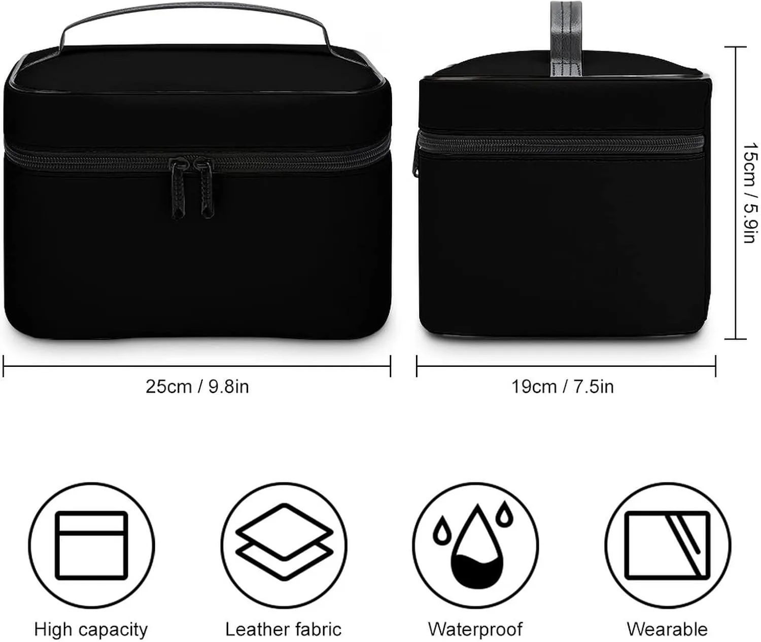 Makeup Bag, Black Solid Color Travel Cosmetic Bag Makeup Organizer Case Large Capacity Portable Zipper Toiletry Bag for Women