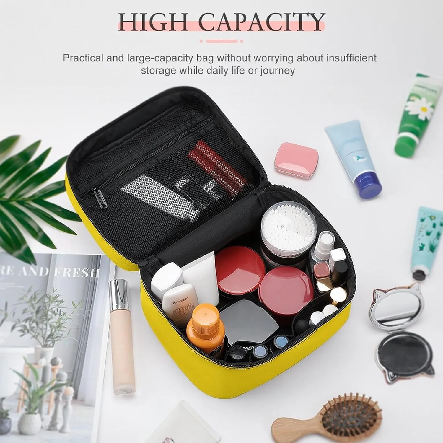Makeup Bag, Lemon Yellow Solid Color Travel Cosmetic Bag Makeup Organizer Case Large Capacity Portable Zipper Toiletry Bag for Women