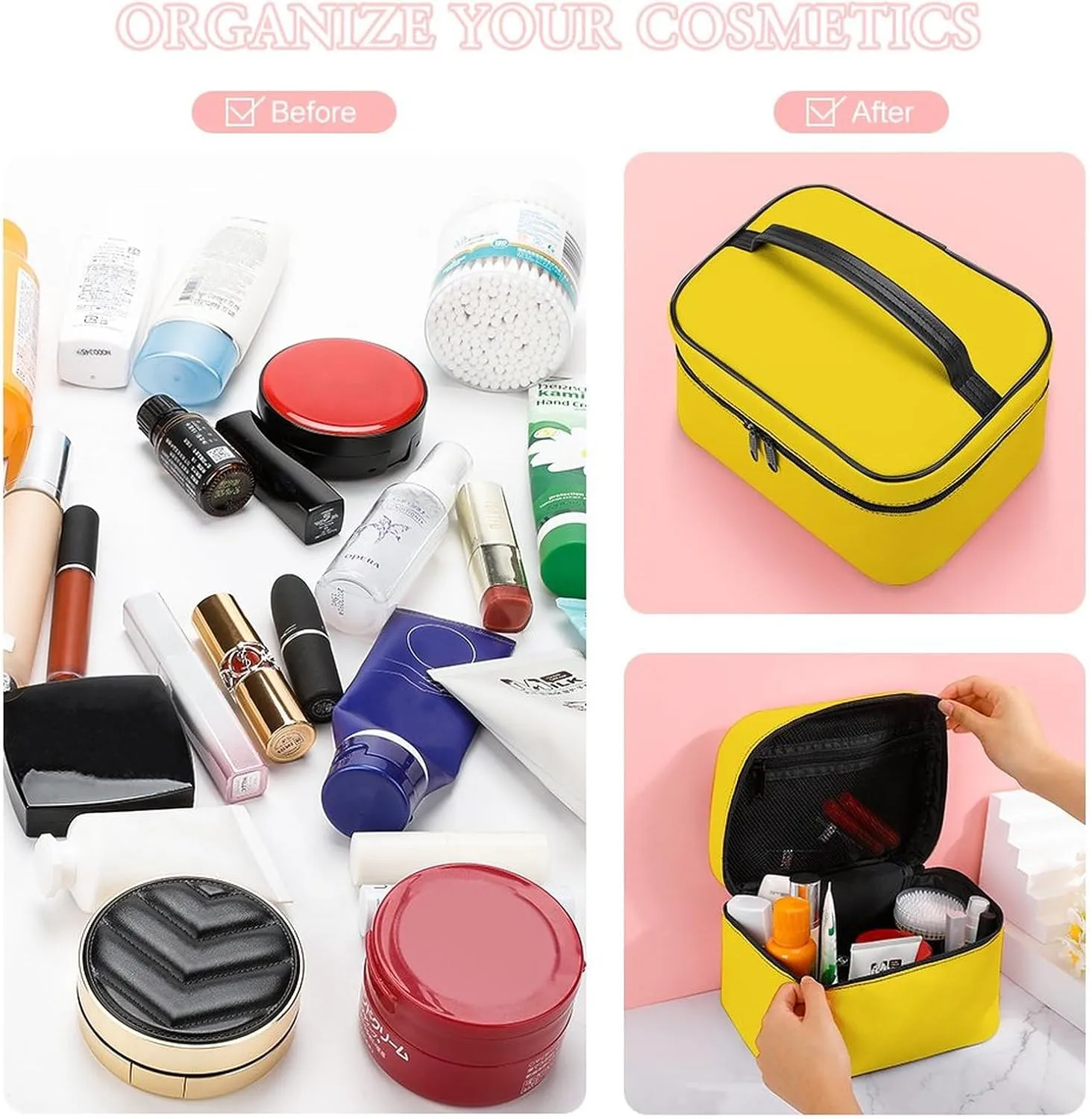 Makeup Bag, Lemon Yellow Solid Color Travel Cosmetic Bag Makeup Organizer Case Large Capacity Portable Zipper Toiletry Bag for Women
