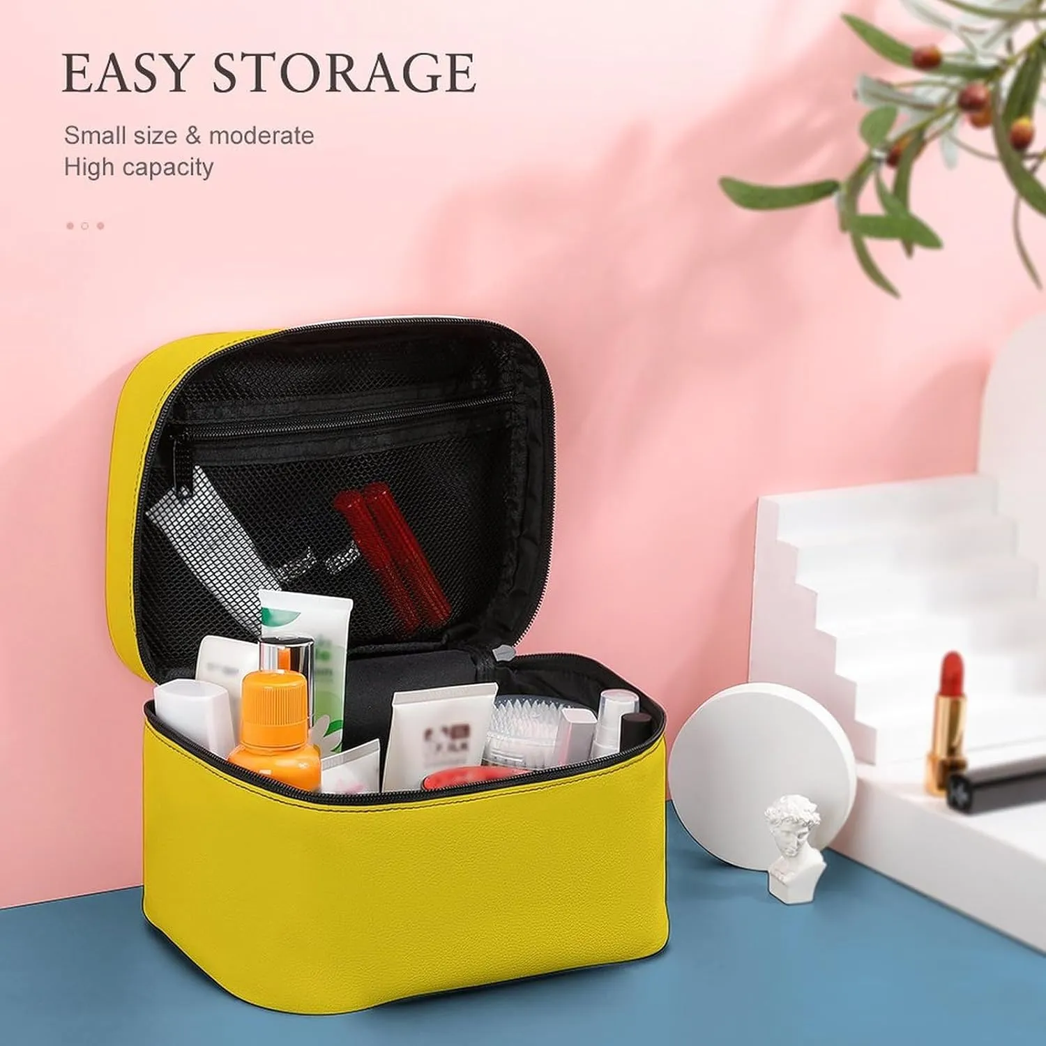 Makeup Bag, Lemon Yellow Solid Color Travel Cosmetic Bag Makeup Organizer Case Large Capacity Portable Zipper Toiletry Bag for Women