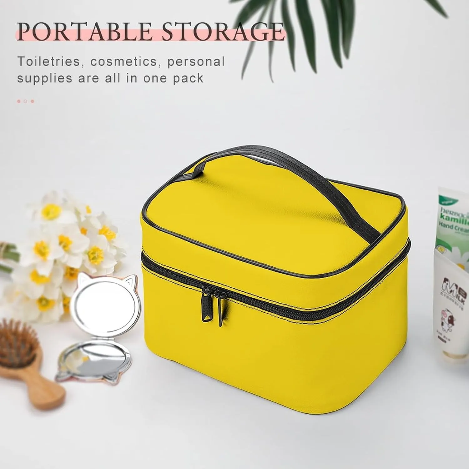 Makeup Bag, Lemon Yellow Solid Color Travel Cosmetic Bag Makeup Organizer Case Large Capacity Portable Zipper Toiletry Bag for Women