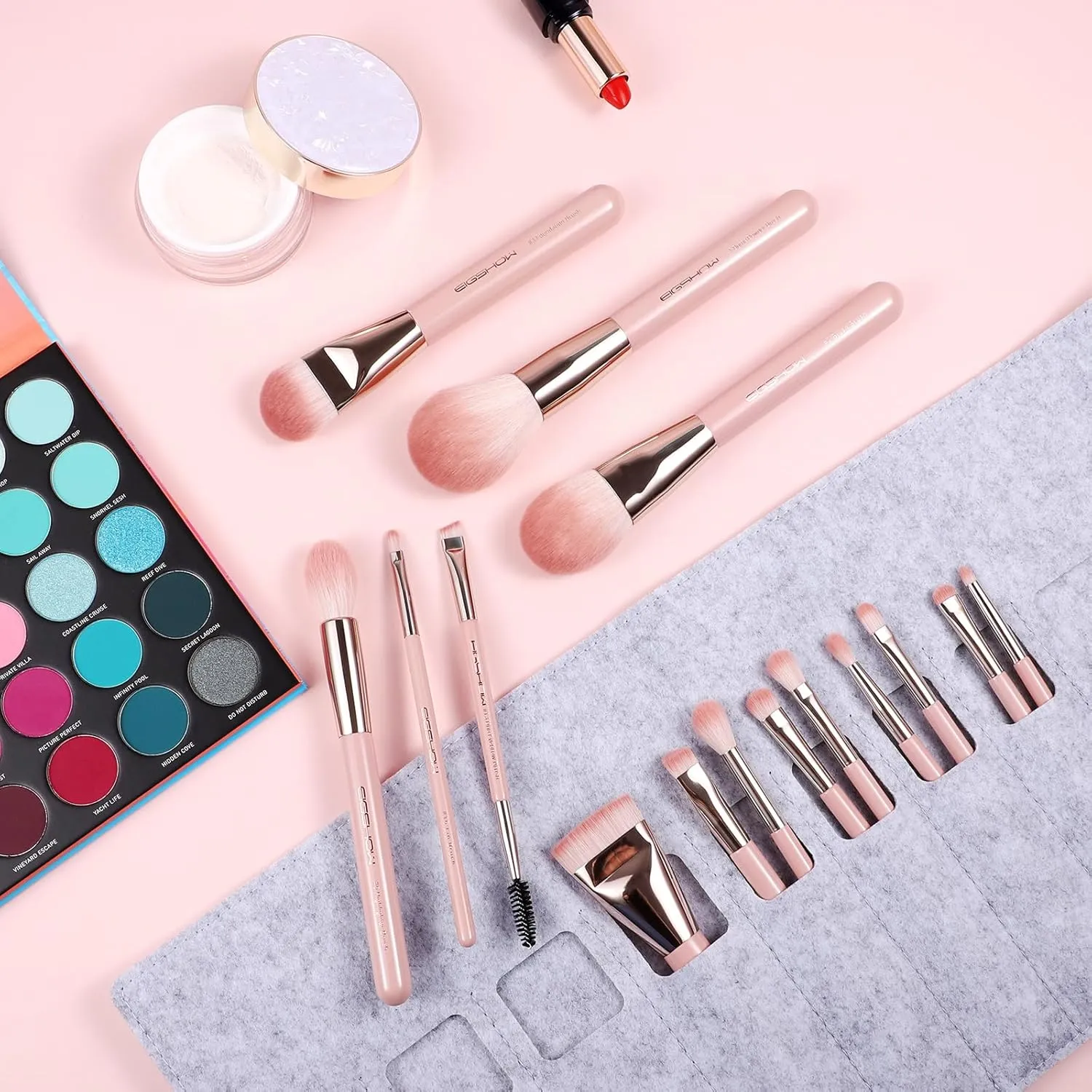 Makeup Brushes, EIGSHOW 15pcs Professional Makeup Brush Set With Case, Premium Synthetic for Foundation Contour Concealers Blush Eye Shadow (MISTYROSE)