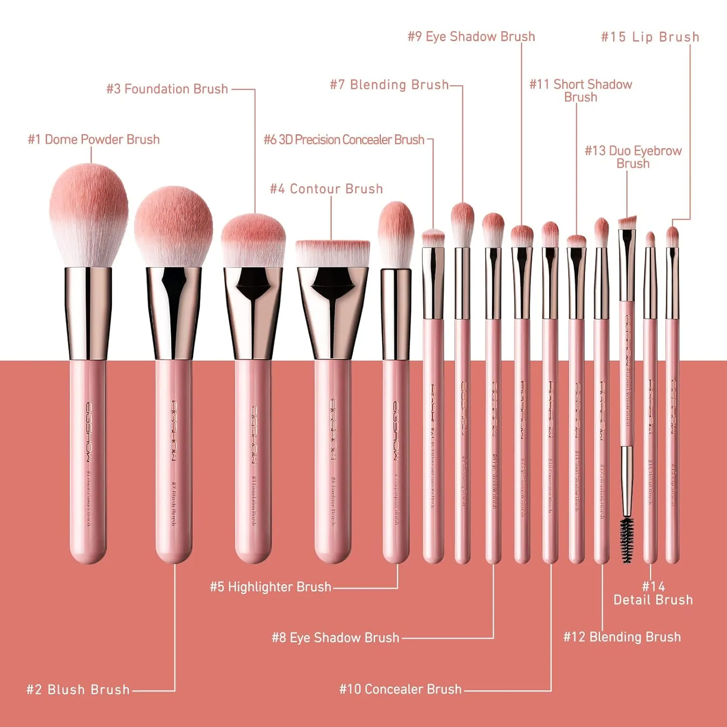 Makeup Brushes, EIGSHOW 15pcs Professional Makeup Brush Set With Case, Premium Synthetic for Foundation Contour Concealers Blush Eye Shadow (MISTYROSE)